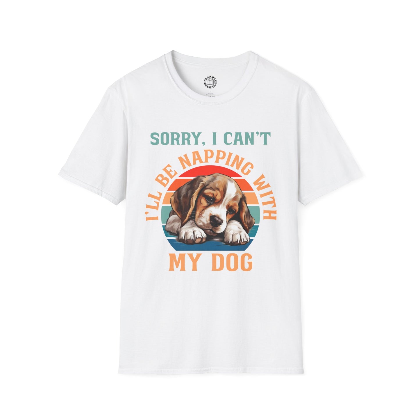 White t-shirt with a beagle dog graphic and text on a white background