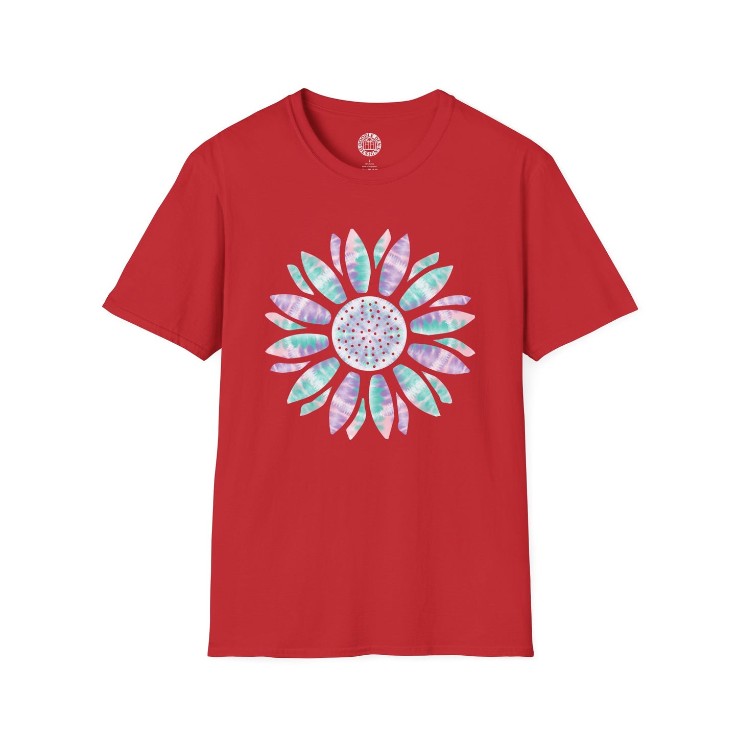 Red t-shirt with a colorful sunflower flower design on a white background