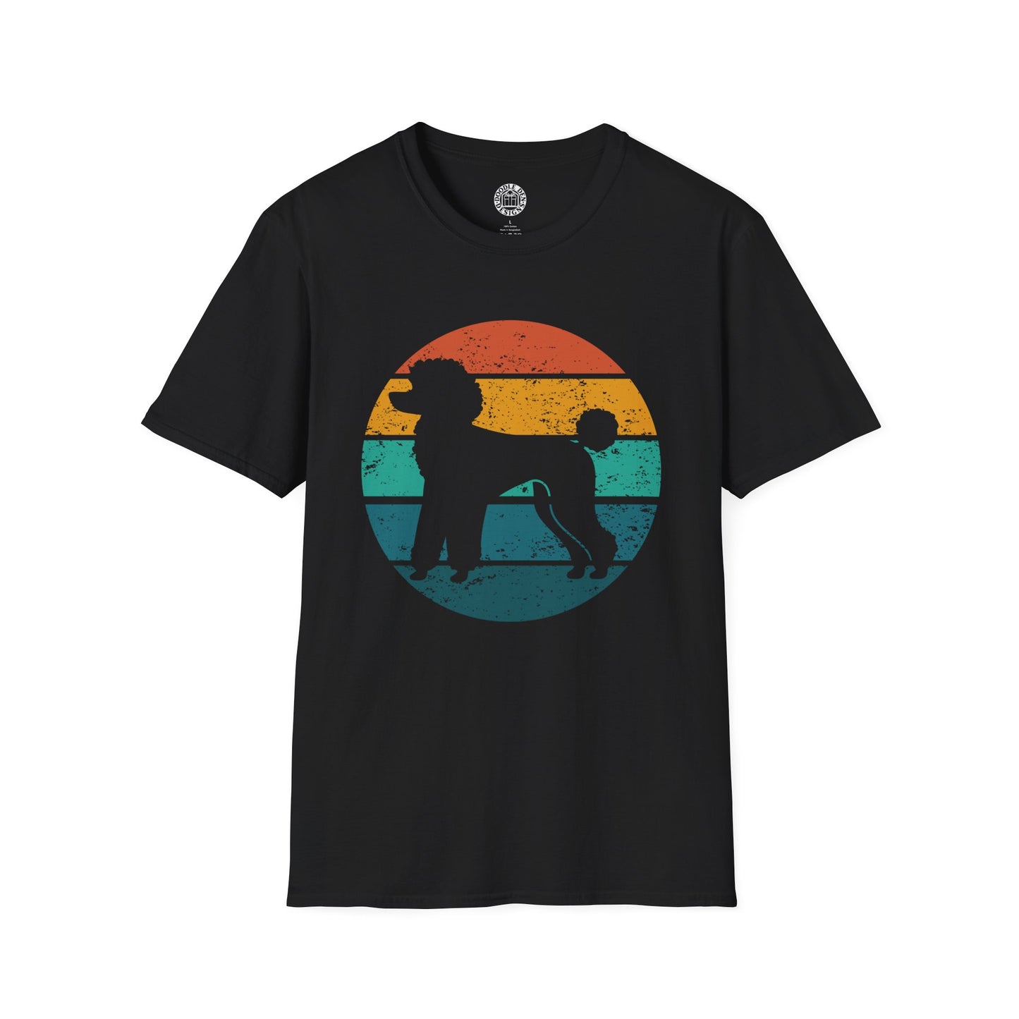 Black t-shirt with a colorful graphic of poodle dog and a sunset on a white background