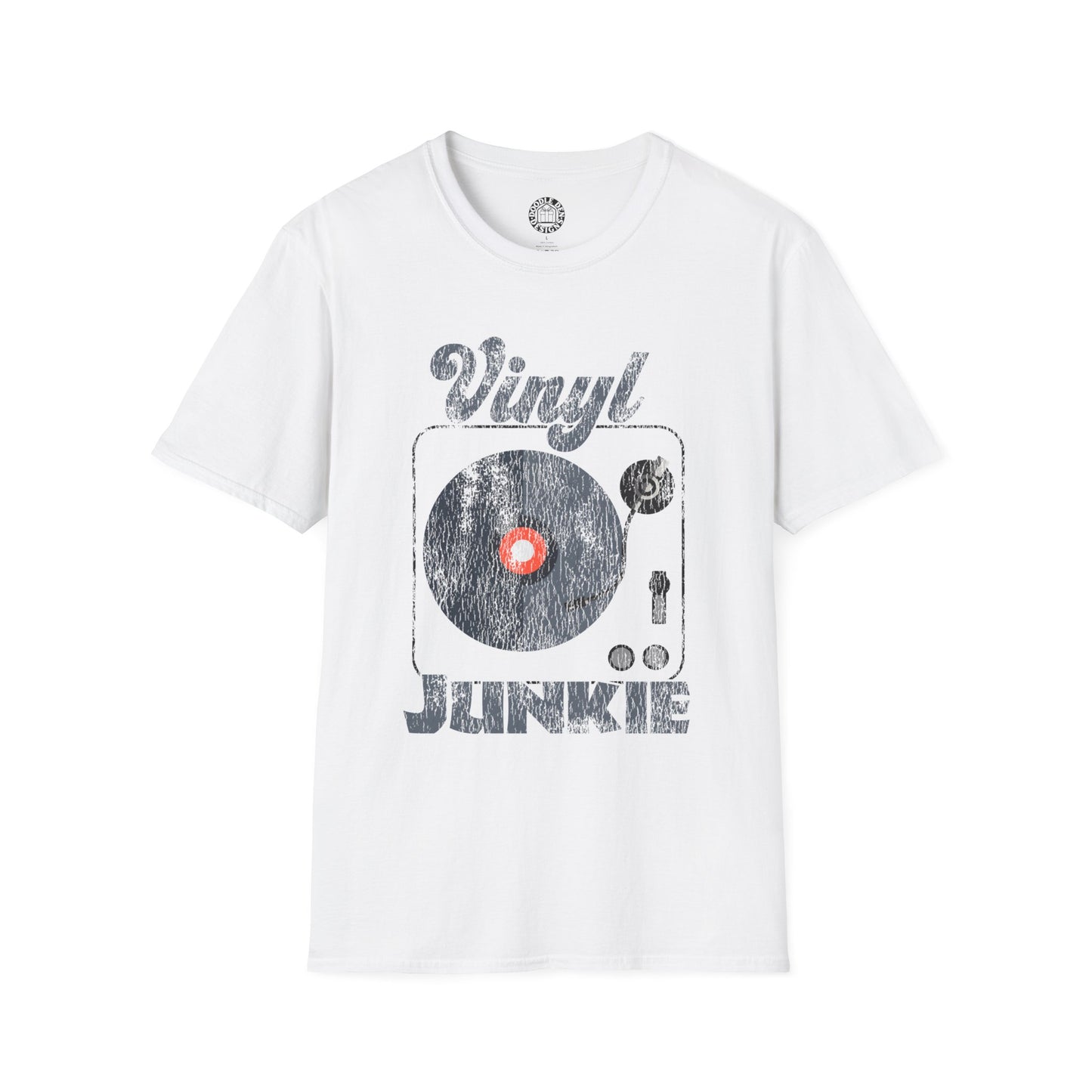 White t-shirt with 'Vinyl Junkie' graphic design on a white background