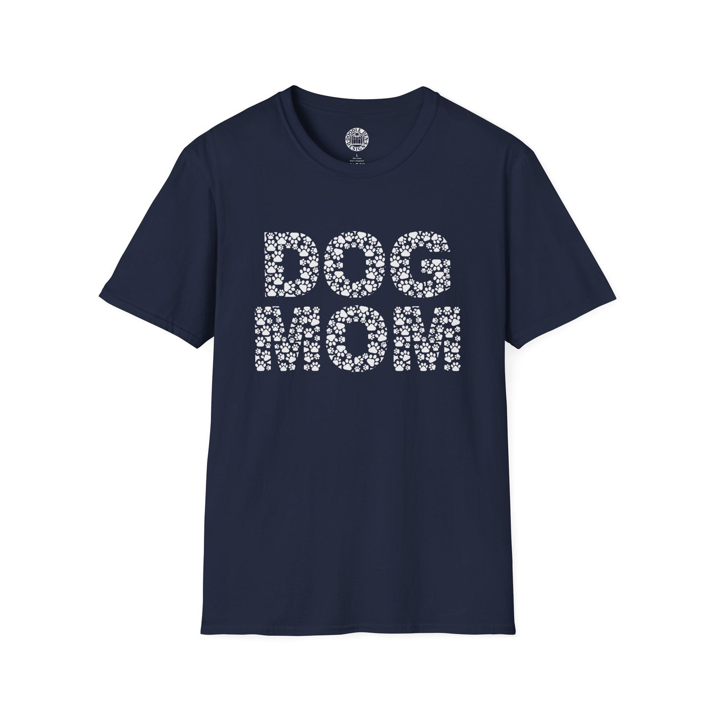 Navy blue t-shirt with 'DOG MOM' text on a white background