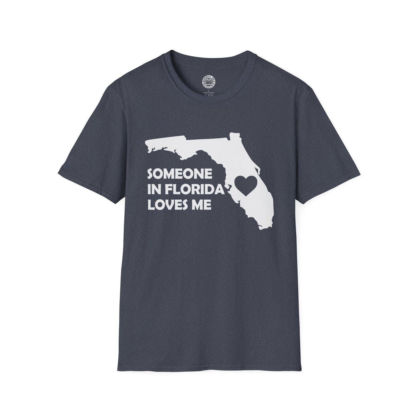 Navy blue t-shirt with white graphic of Florida and text 'Someone in Florida loves me' on a white background