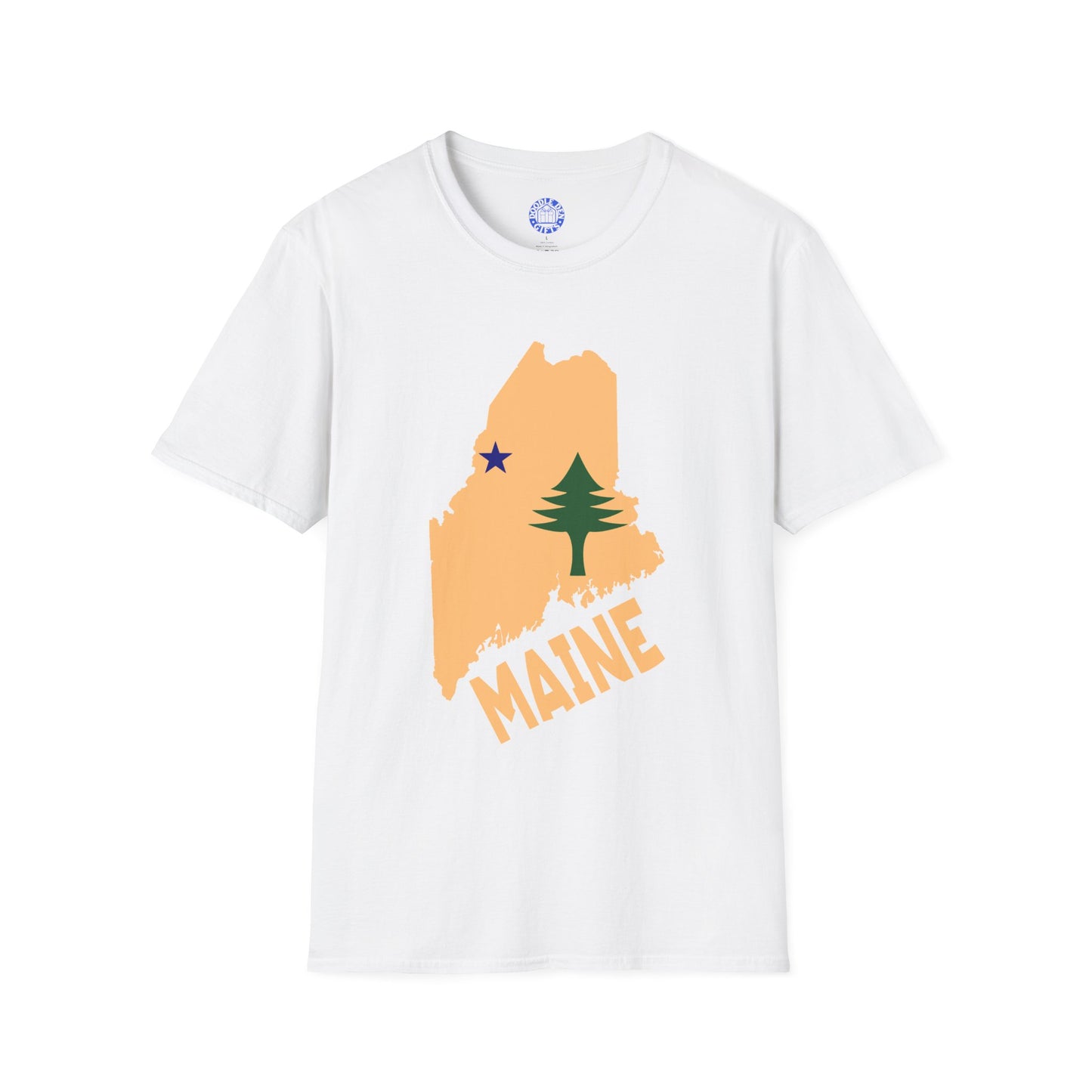 White t-shirt with a graphic of Maine's outline, a tree, and the word 'MAINE' on a white background.