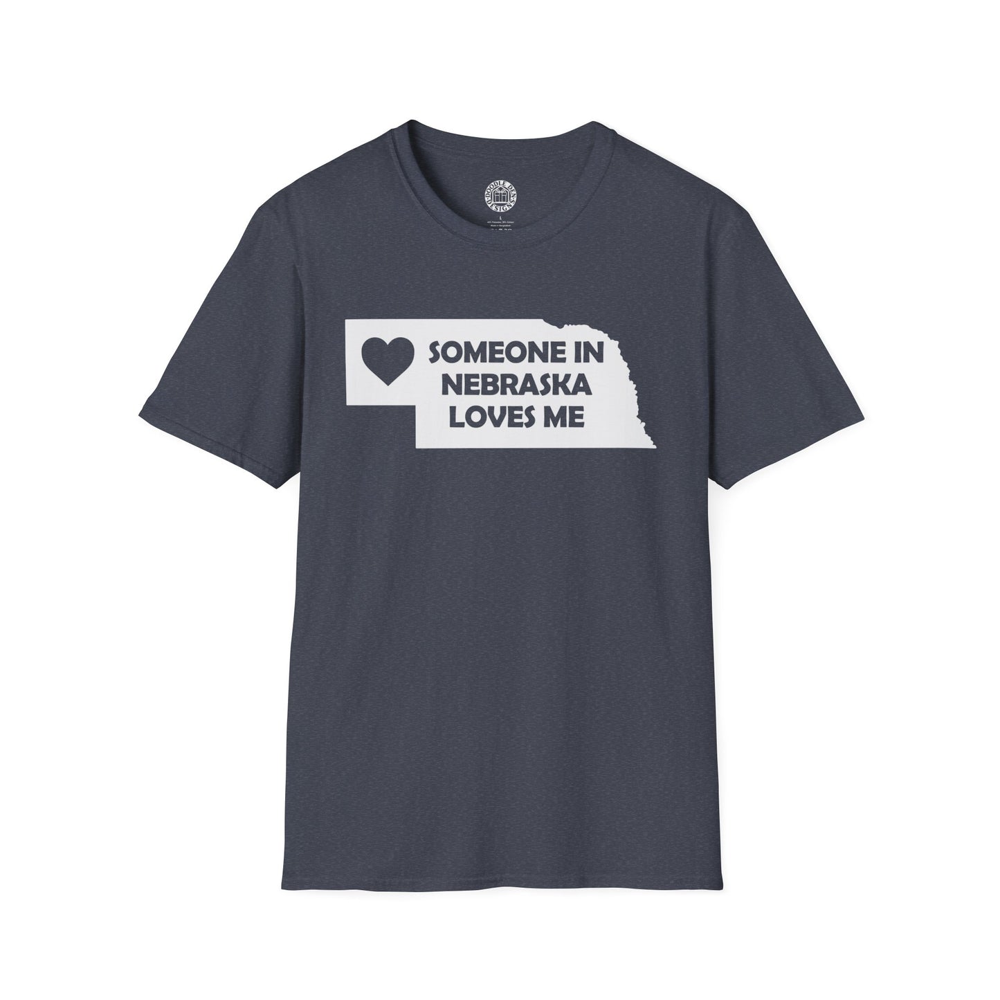 Navy blue t-shirt with 'Someone in Nebraska loves me' graphic on a white background