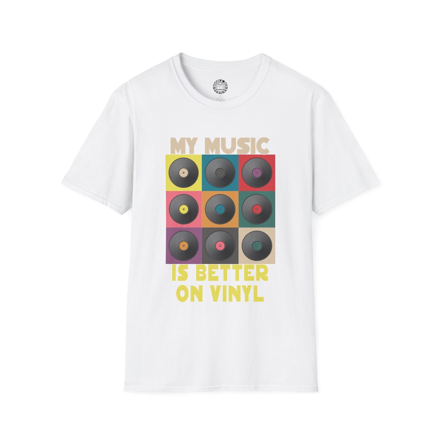 White t-shirt with vinyl record design and text on a white background