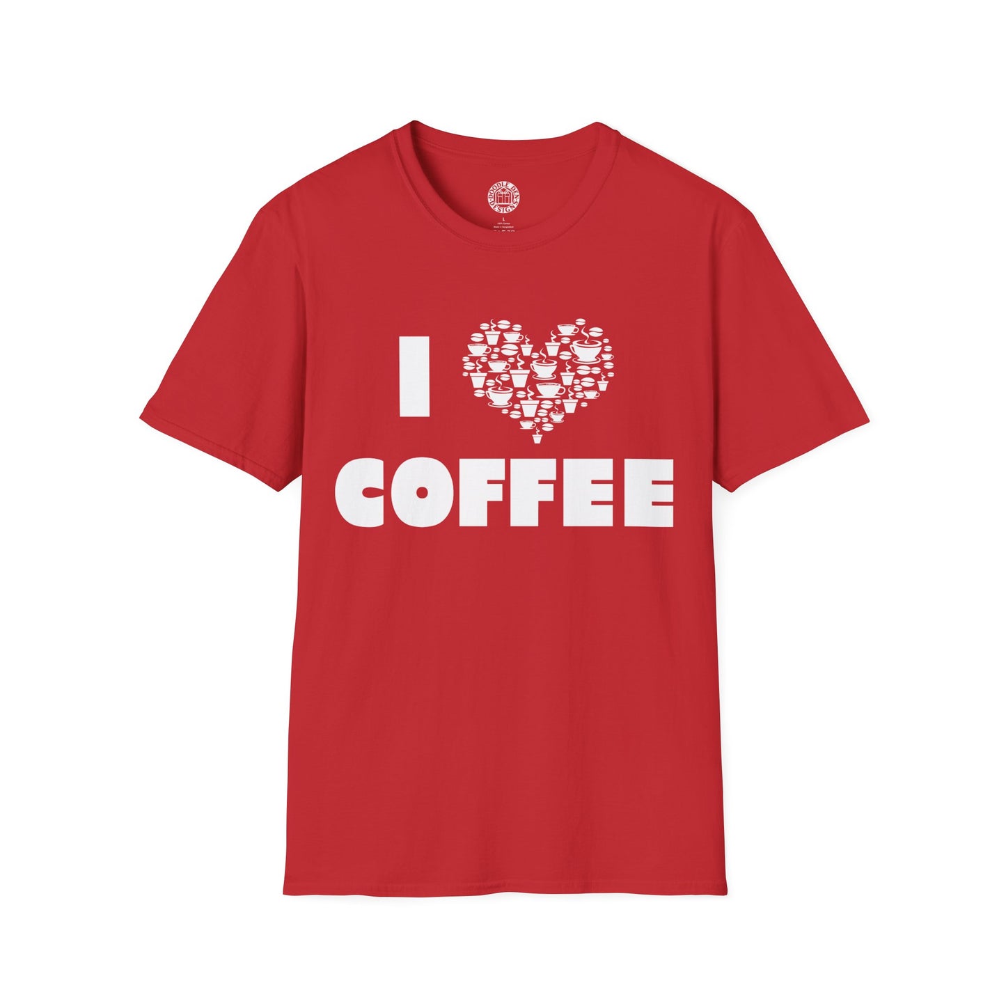 Red t-shirt with 'I ❤️ COFFEE' text on a white background