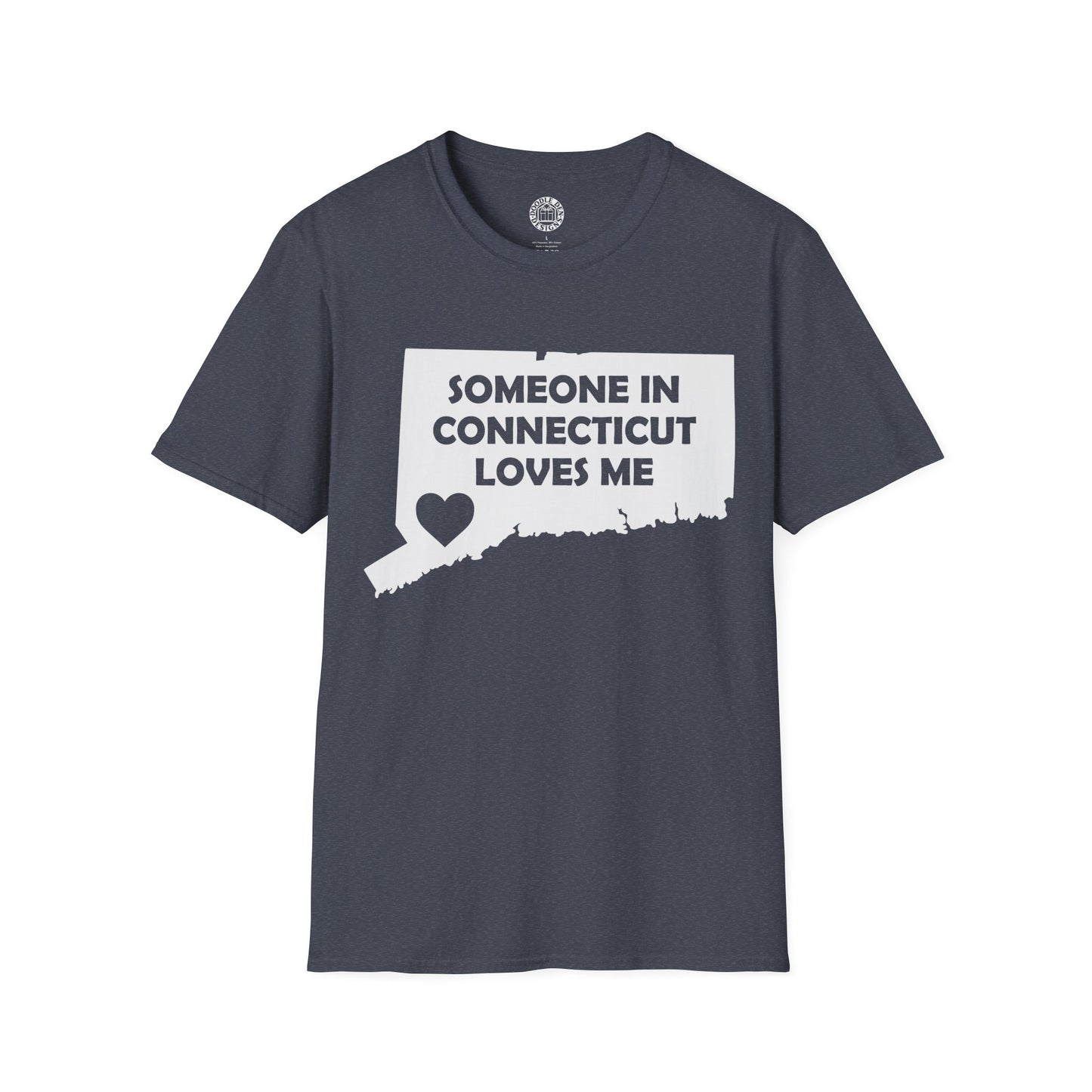 Gray t-shirt with a graphic of Connecticut and text 'Someone in Connecticut loves me' on a white background
