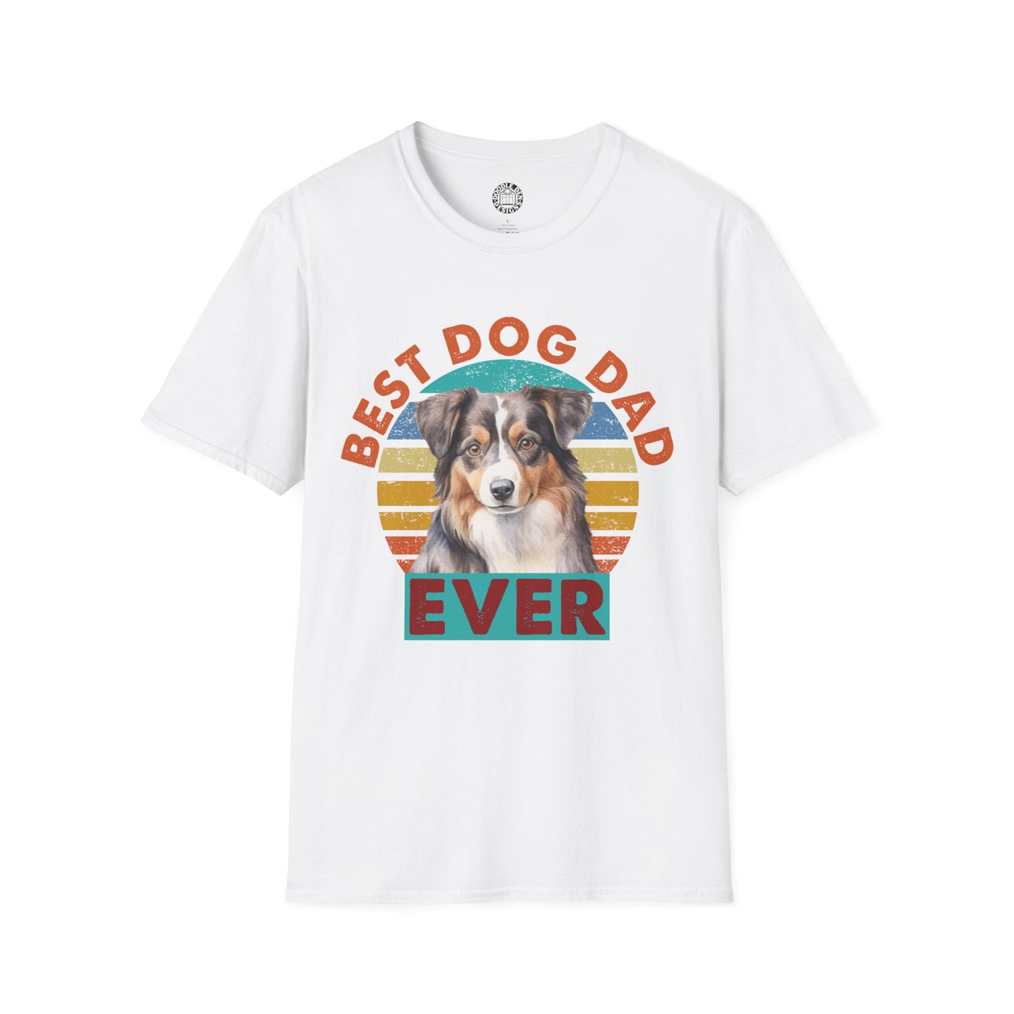 White t-shirt with a Australian Shepherd dog graphic and 'Best Dog Dad Ever' text on a white background