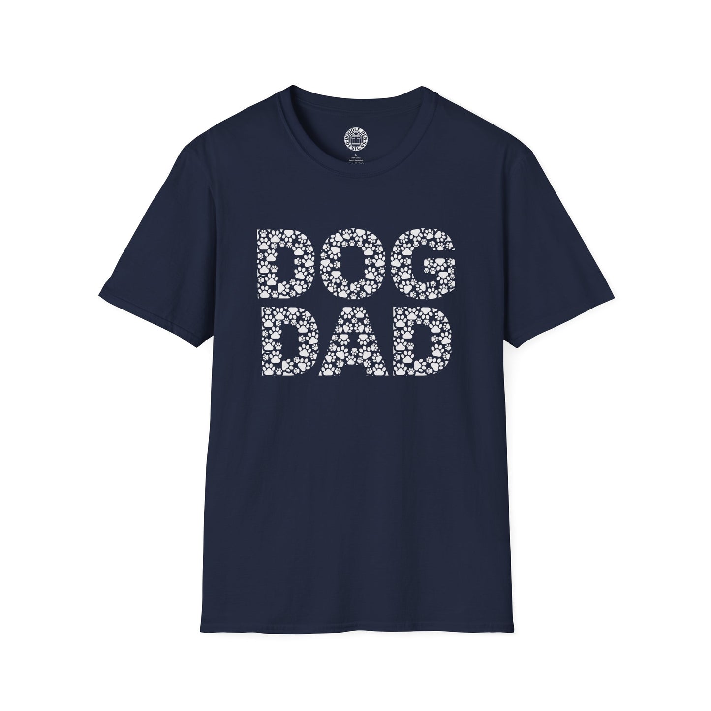 Navy blue t-shirt with 'DOG DAD' text on a white background