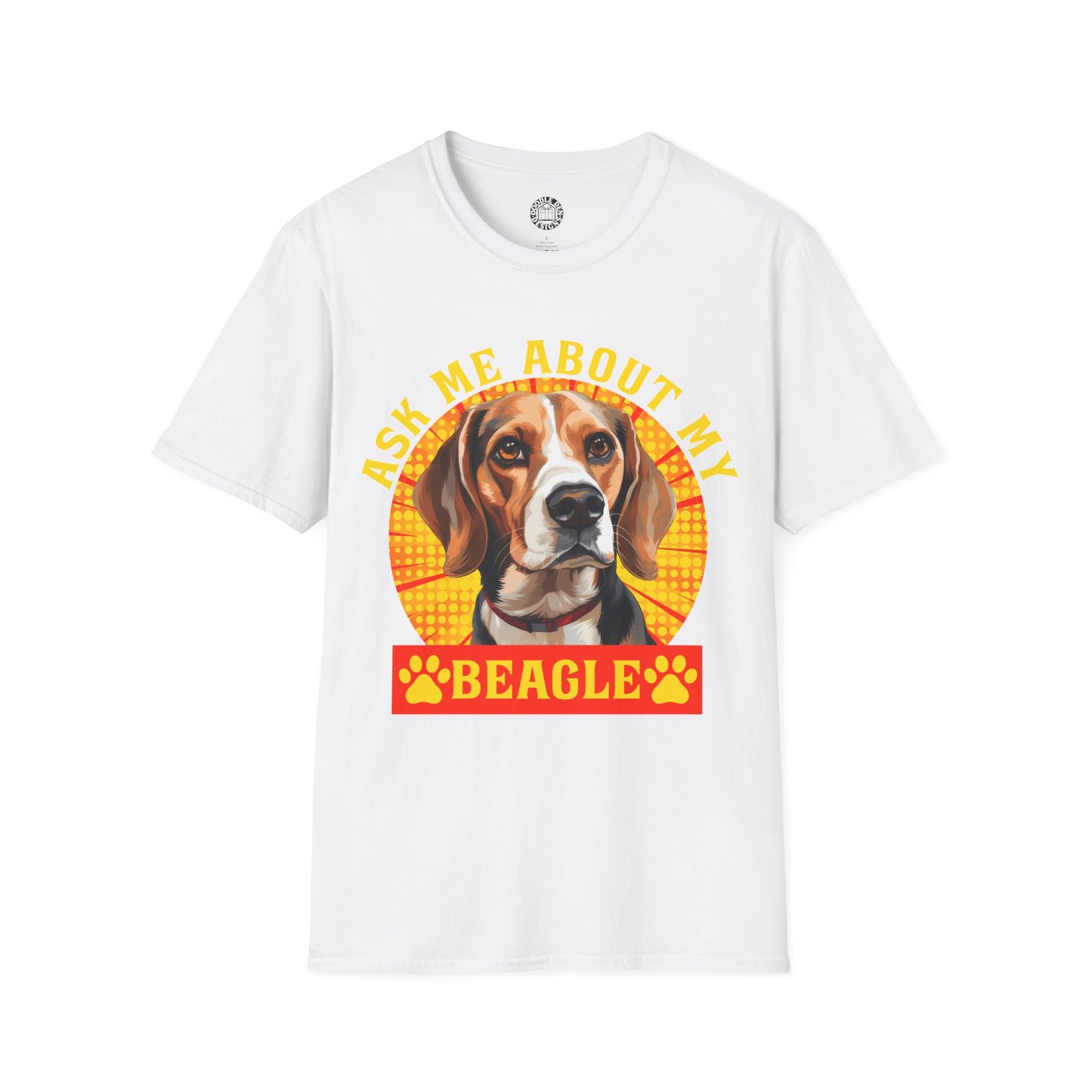 White t-shirt with a beagle graphic and text on a white background