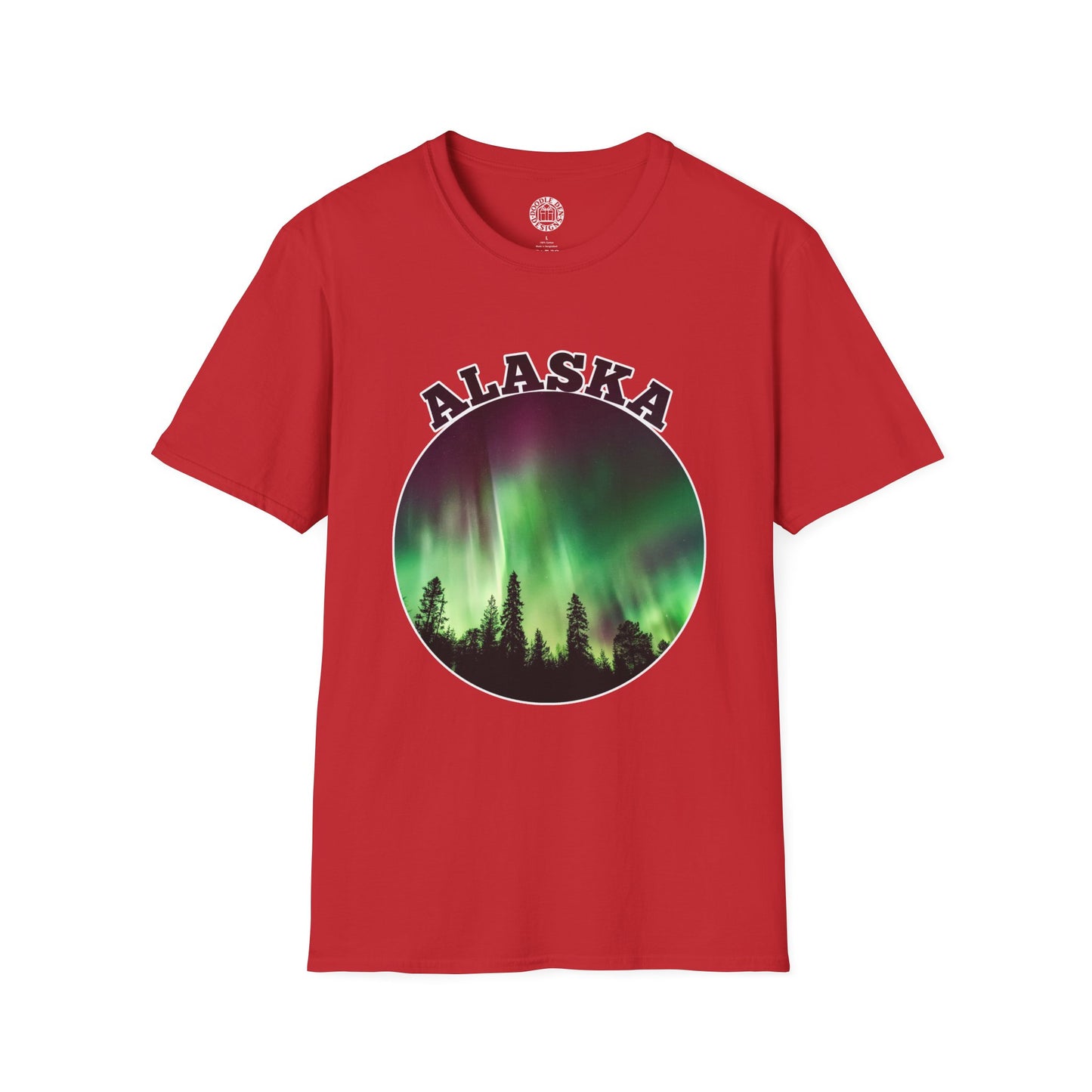 Red t-shirt with 'Alaska' and Northern Lights design on a white background