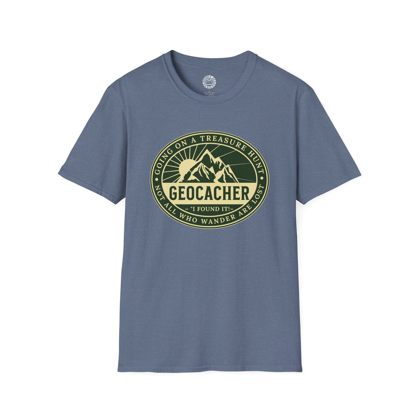 Blue t-shirt with a geocacher graphic and text on a white background