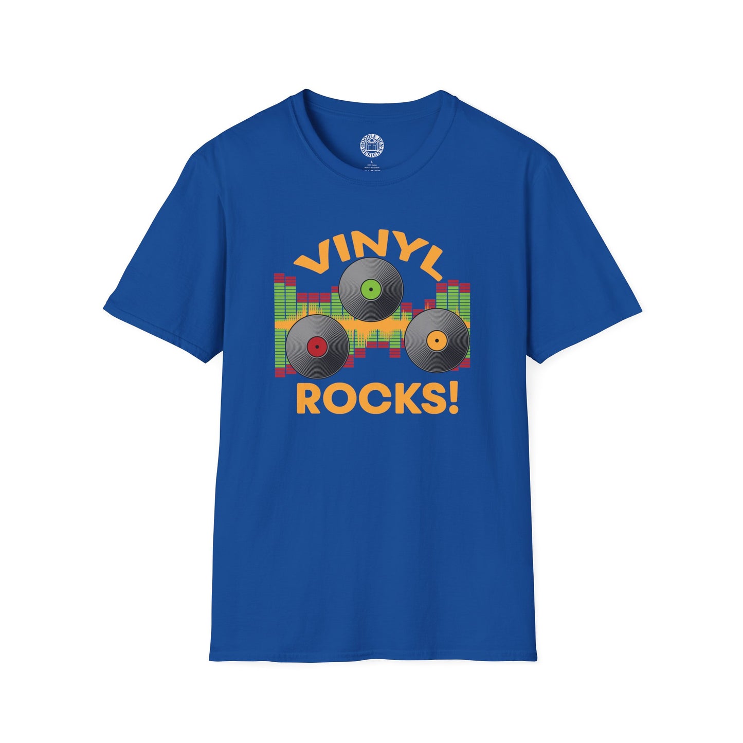 Blue t-shirt with 'Vinyl Rocks!' graphic on a white background