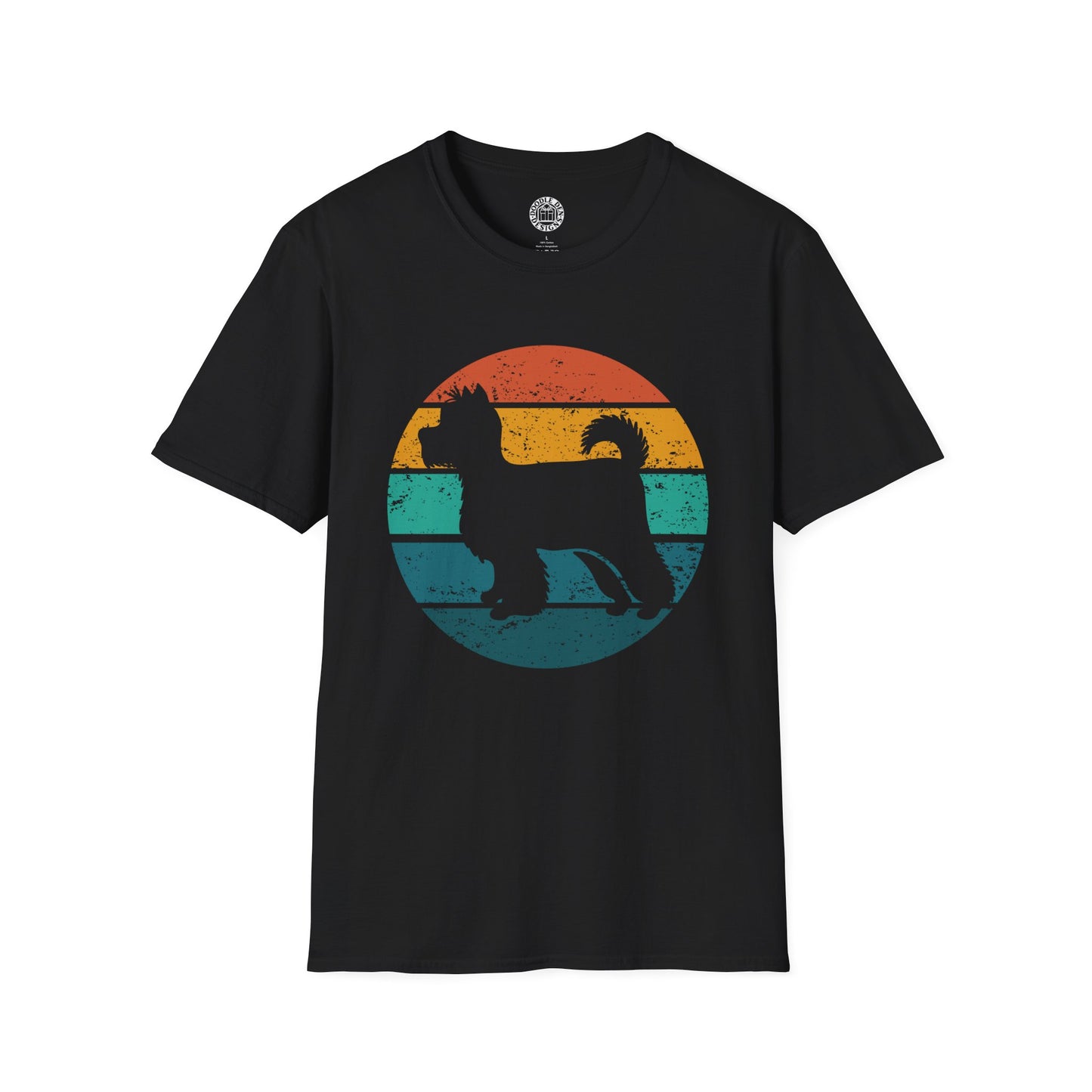 Black t-shirt with a colorful graphic of a Yorkshire Terrier dog and sunset on a white background