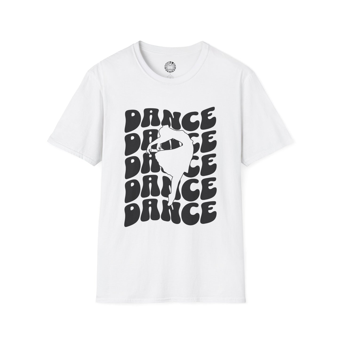 White t-shirt with black 'DANCE' text and silhouette design on a white background