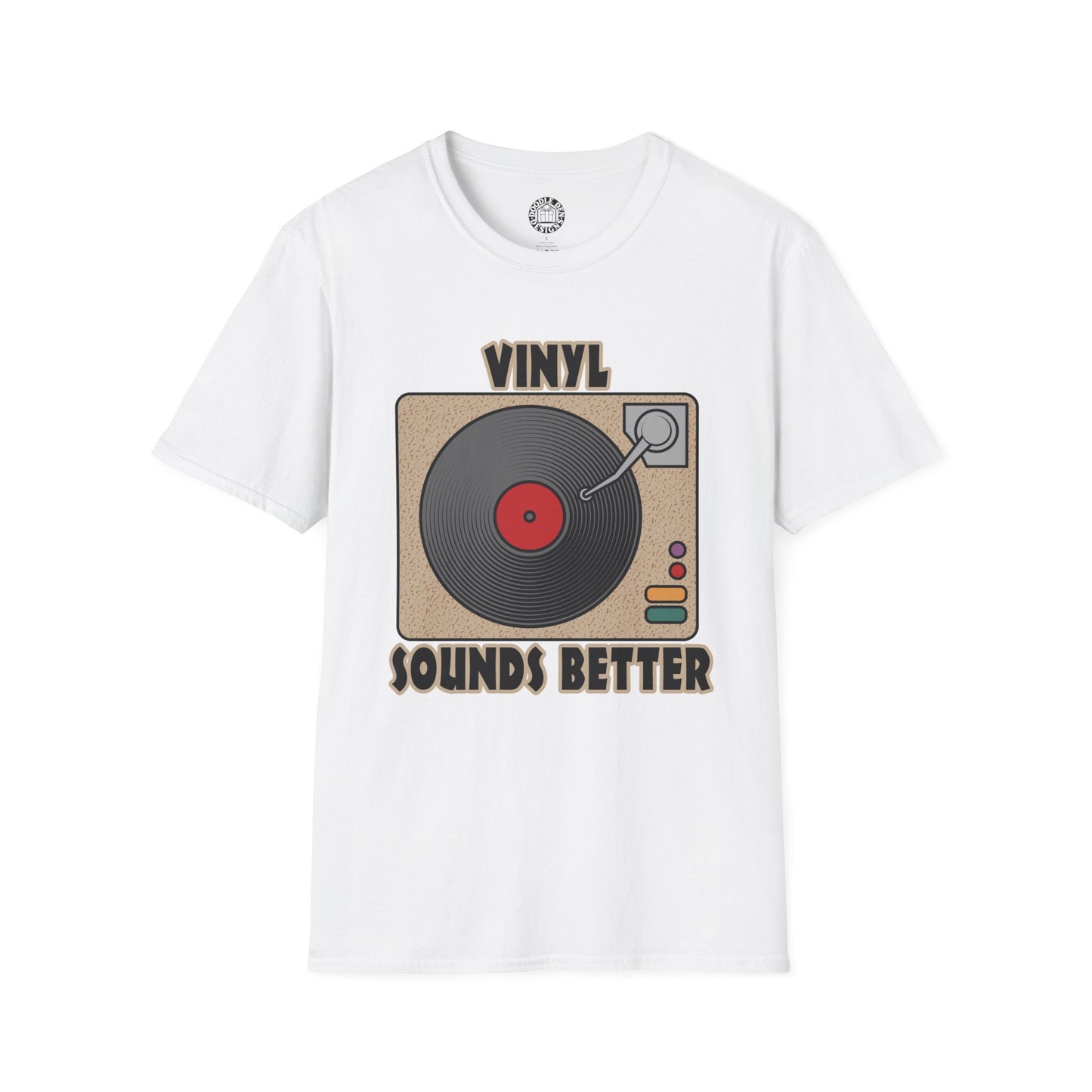White t-shirt with vinyl record design and 'Vinyl Sounds Better' text on a white background