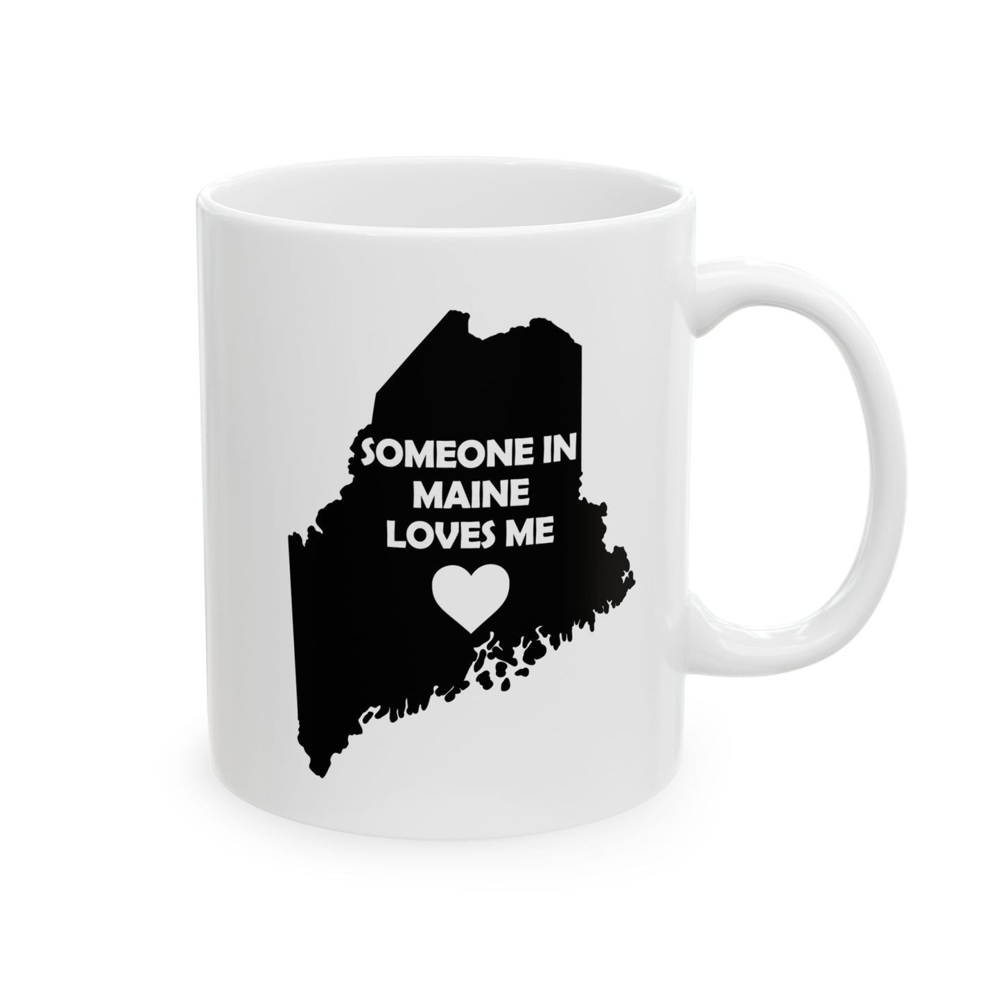 White mug with black silhouette of Maine and text 'Someone in Maine loves me' on a white background