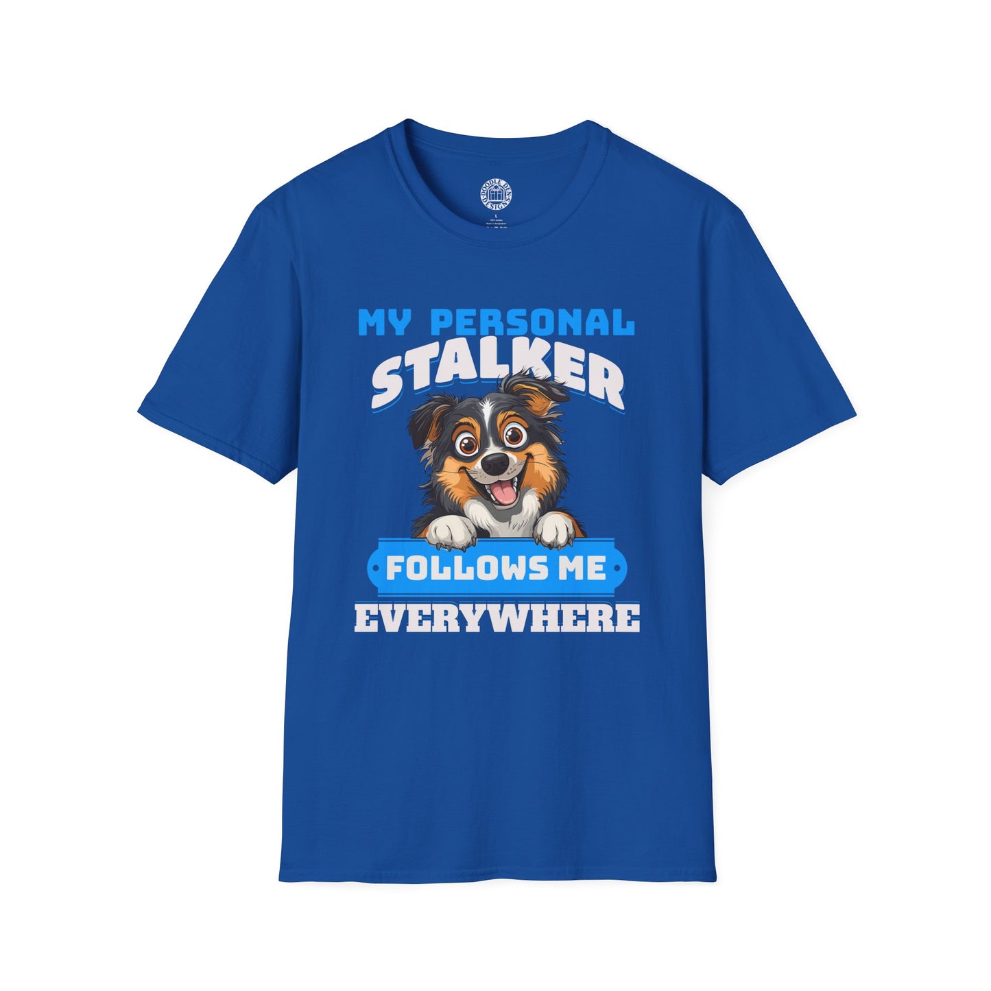 Blue t-shirt with a Australian Shepherd dog graphic and text on a white background
