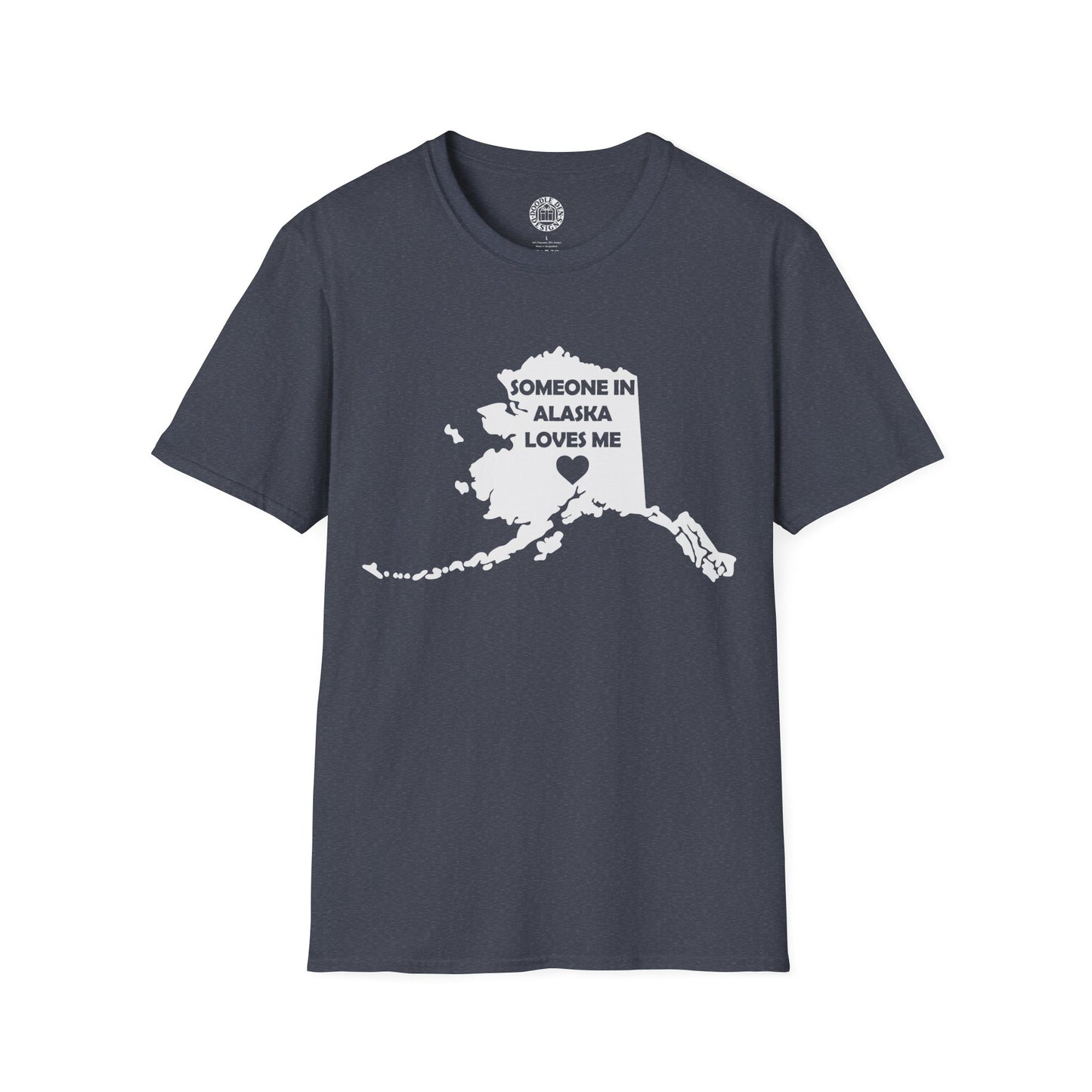 Navy blue t-shirt with white graphic of Alaska and text on a white background