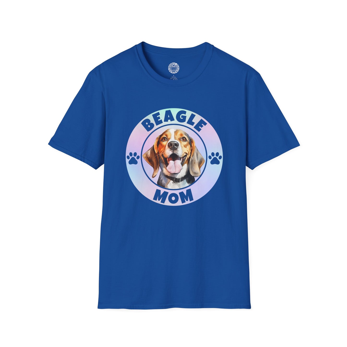 Blue t-shirt with a beagle graphic and 'Beagle Mom' text on a white background