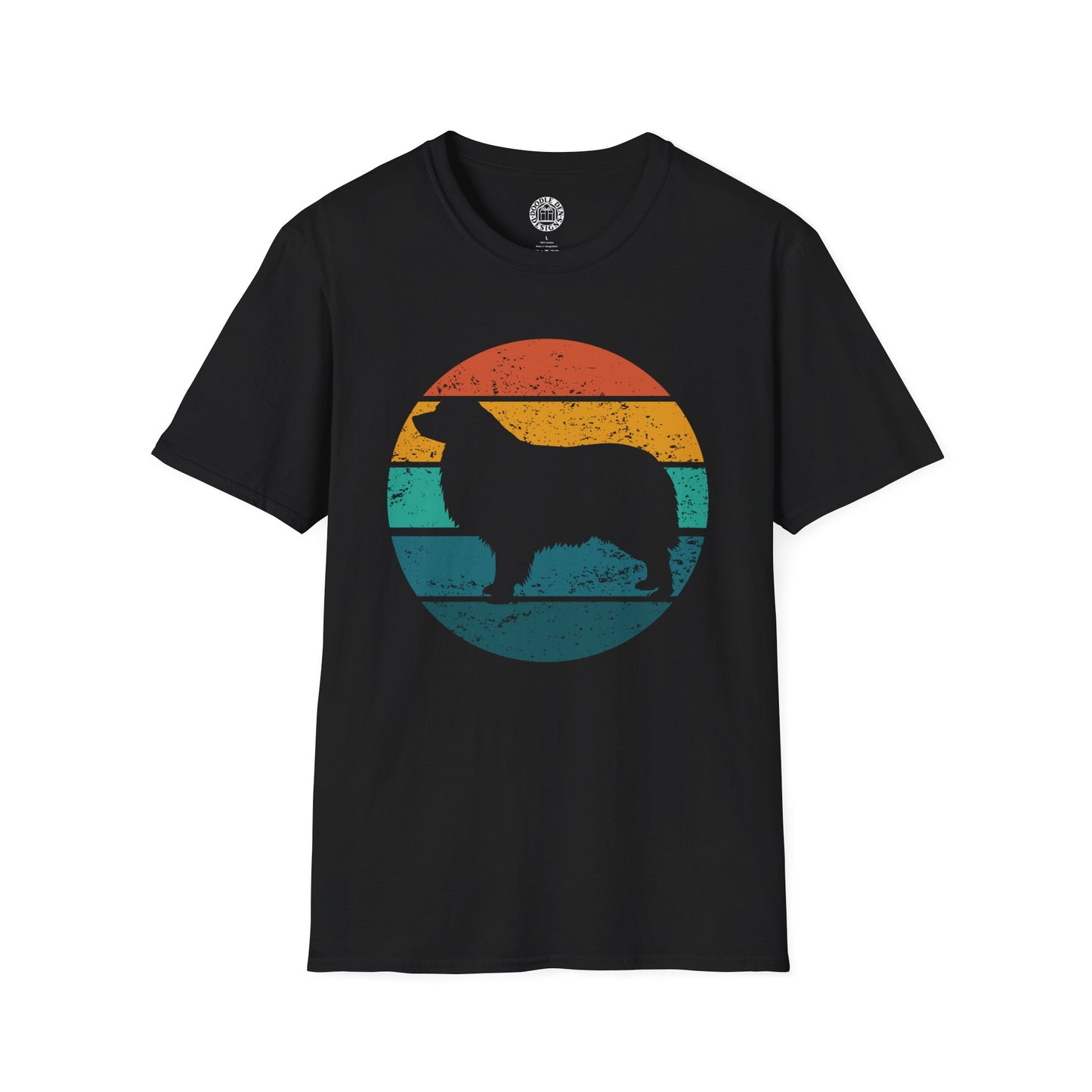 Black t-shirt with an australian shepherd in retro sunset