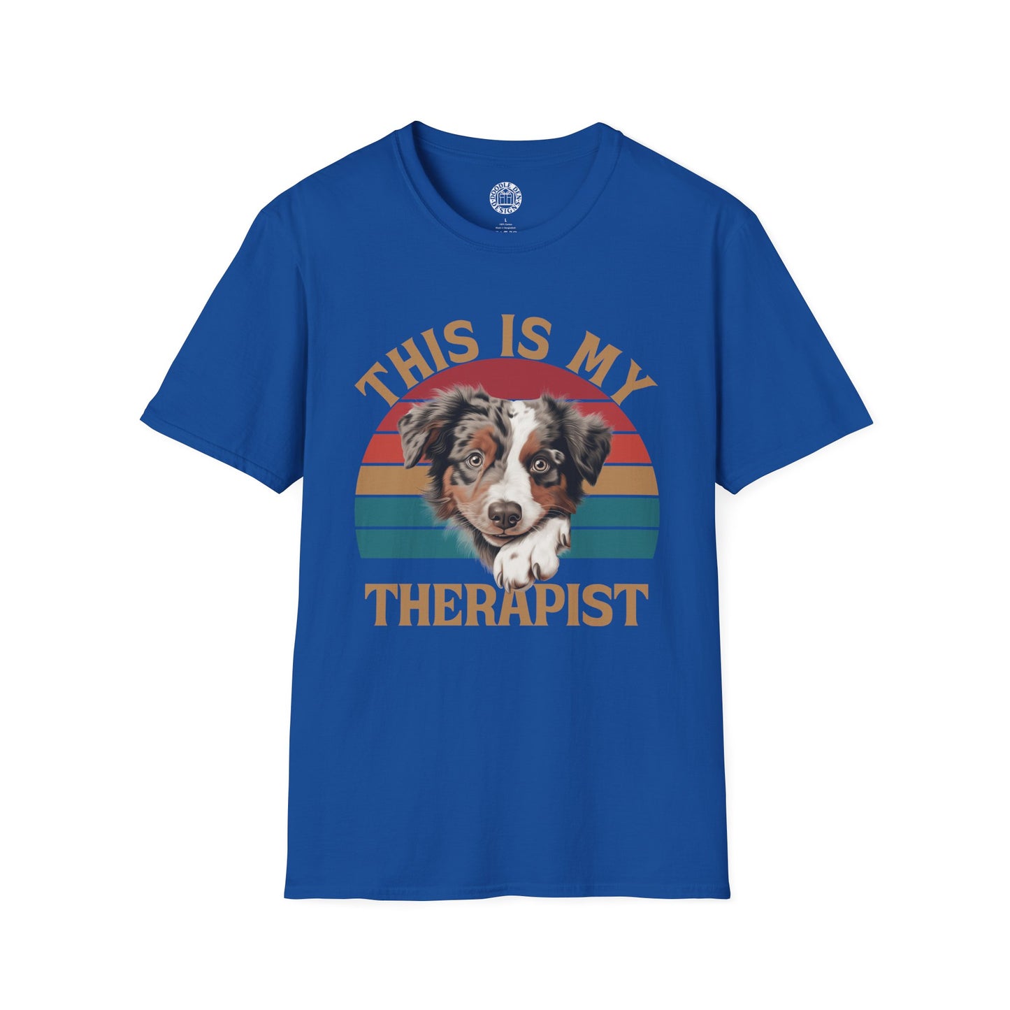 Blue t-shirt with a Australian Shepherd dog graphic and 'This is my therapist' text on a white background