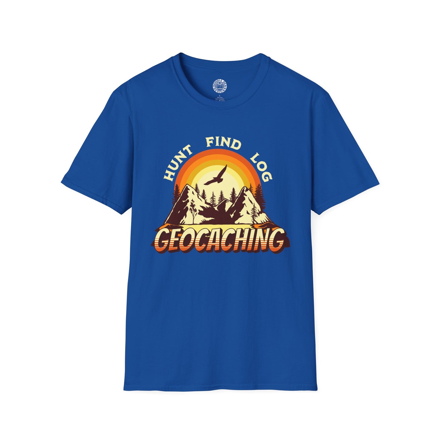 Blue t-shirt with geocaching graphic on a white background