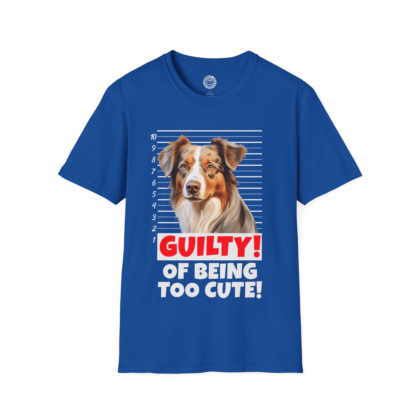 Blue t-shirt with a Australian Shepherd dog graphic and text 'Guilty of Being Too Cute' on a white background