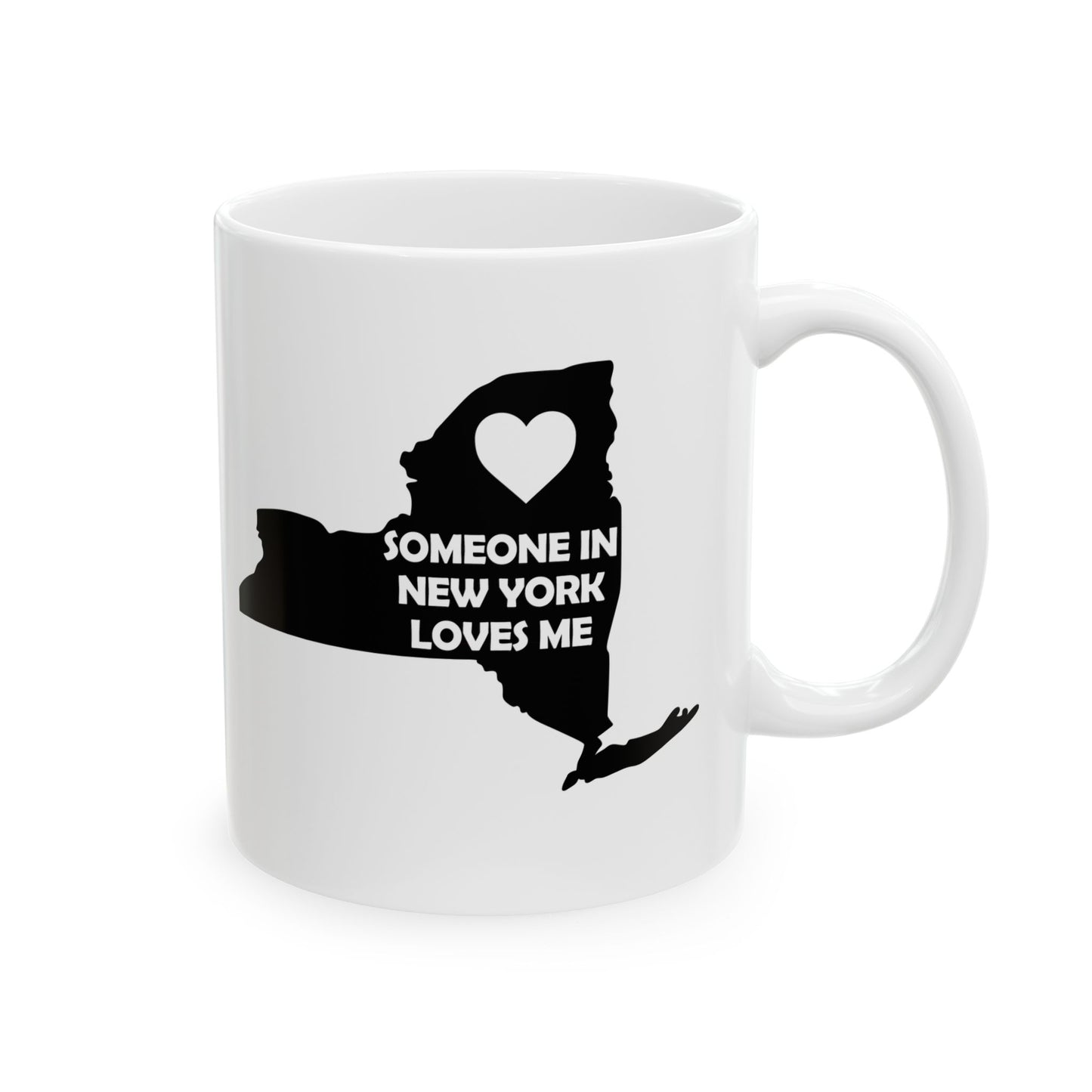 White mug with black silhouette of New York state and heart, text 'Someone in New York loves me' on a white background