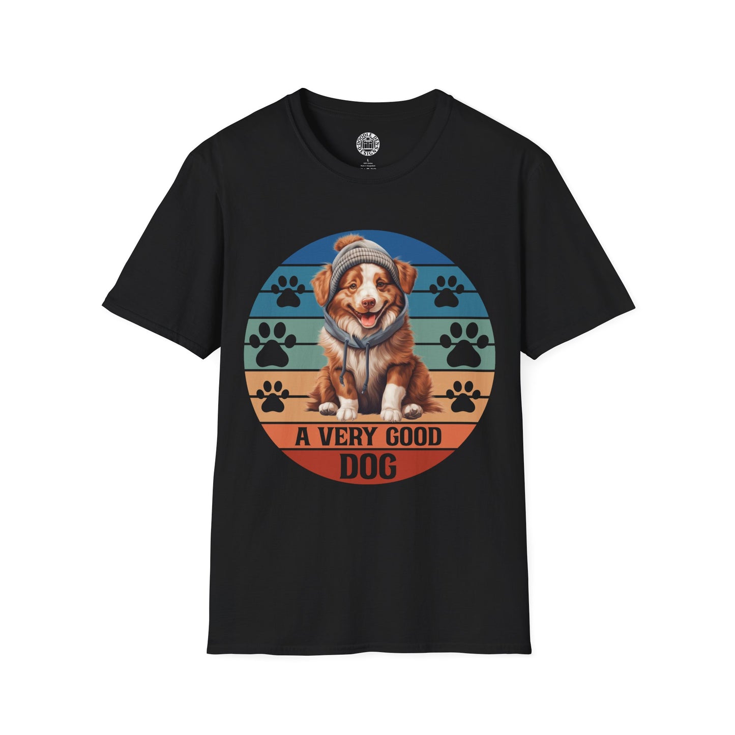 Black t-shirt with a Australian Shepherd dog graphic and 'A Very Good Dog' text on a white background