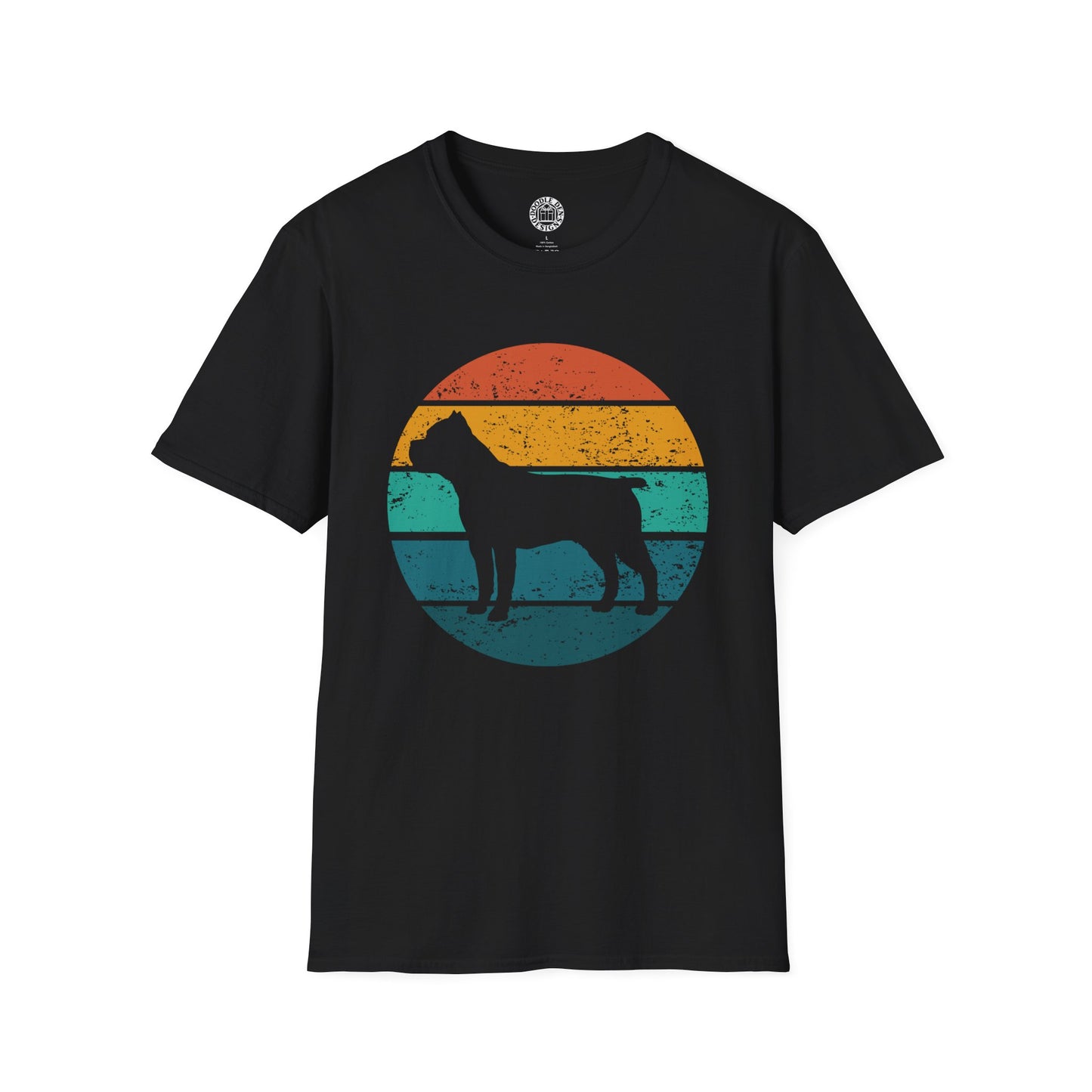 Black t-shirt with a cane corso dog silhouette and colorful sunset design on a white background
