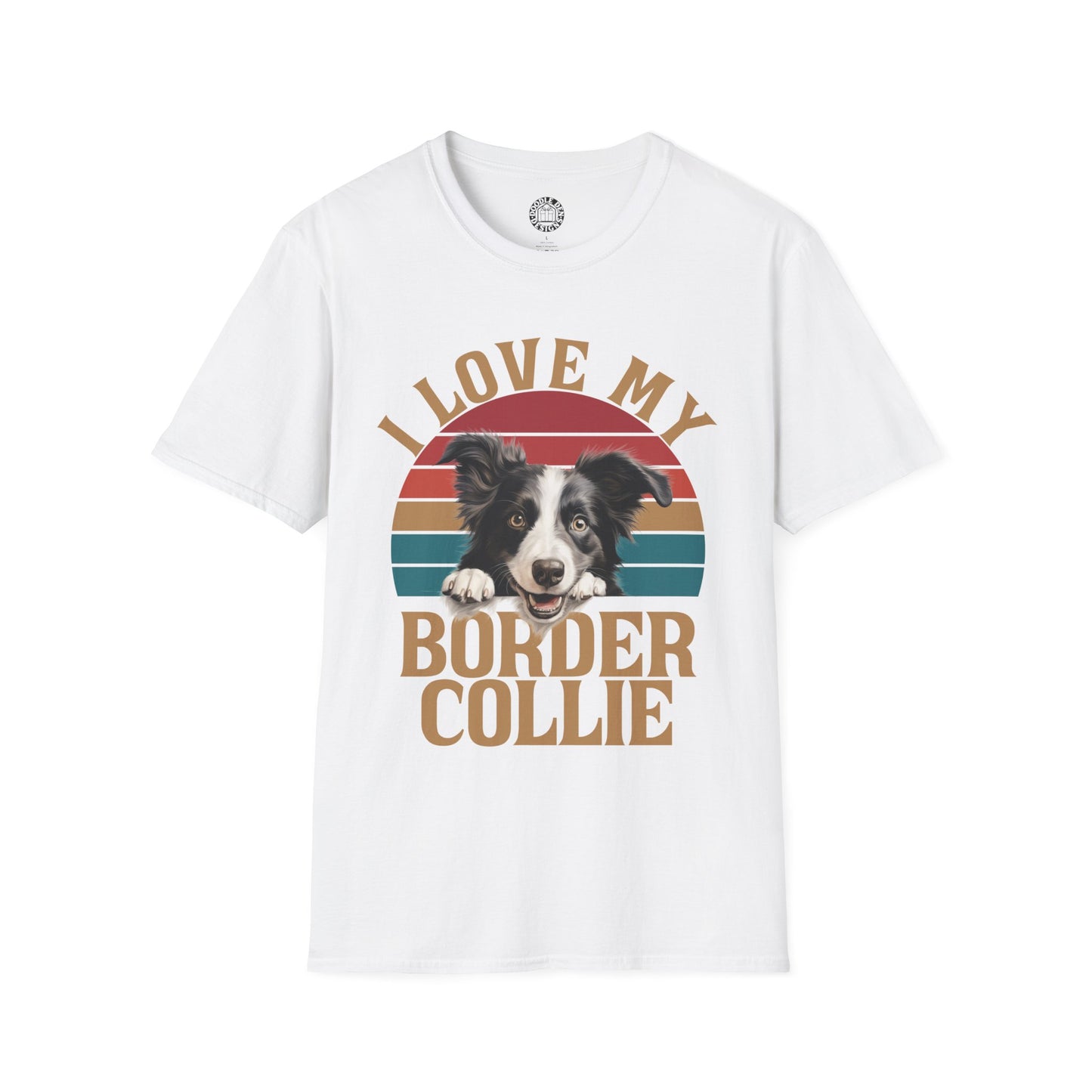 White t-shirt with a graphic of a border collie and text 'I love my Border Collie' on a white background