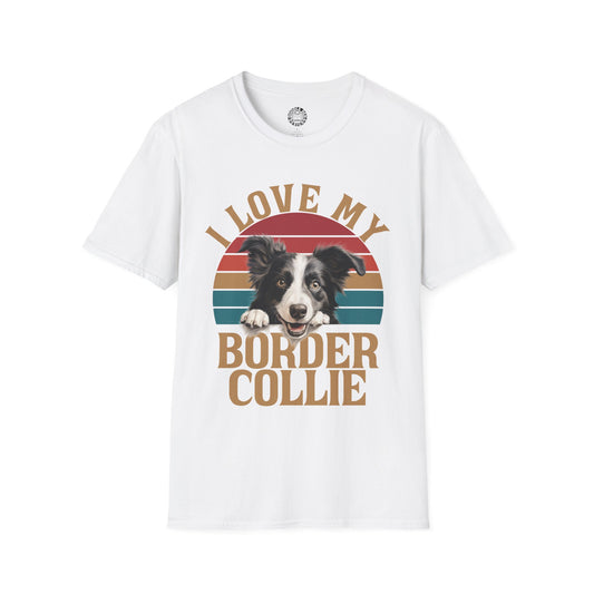 White t-shirt with a graphic of a border collie and text 'I love my Border Collie' on a white background