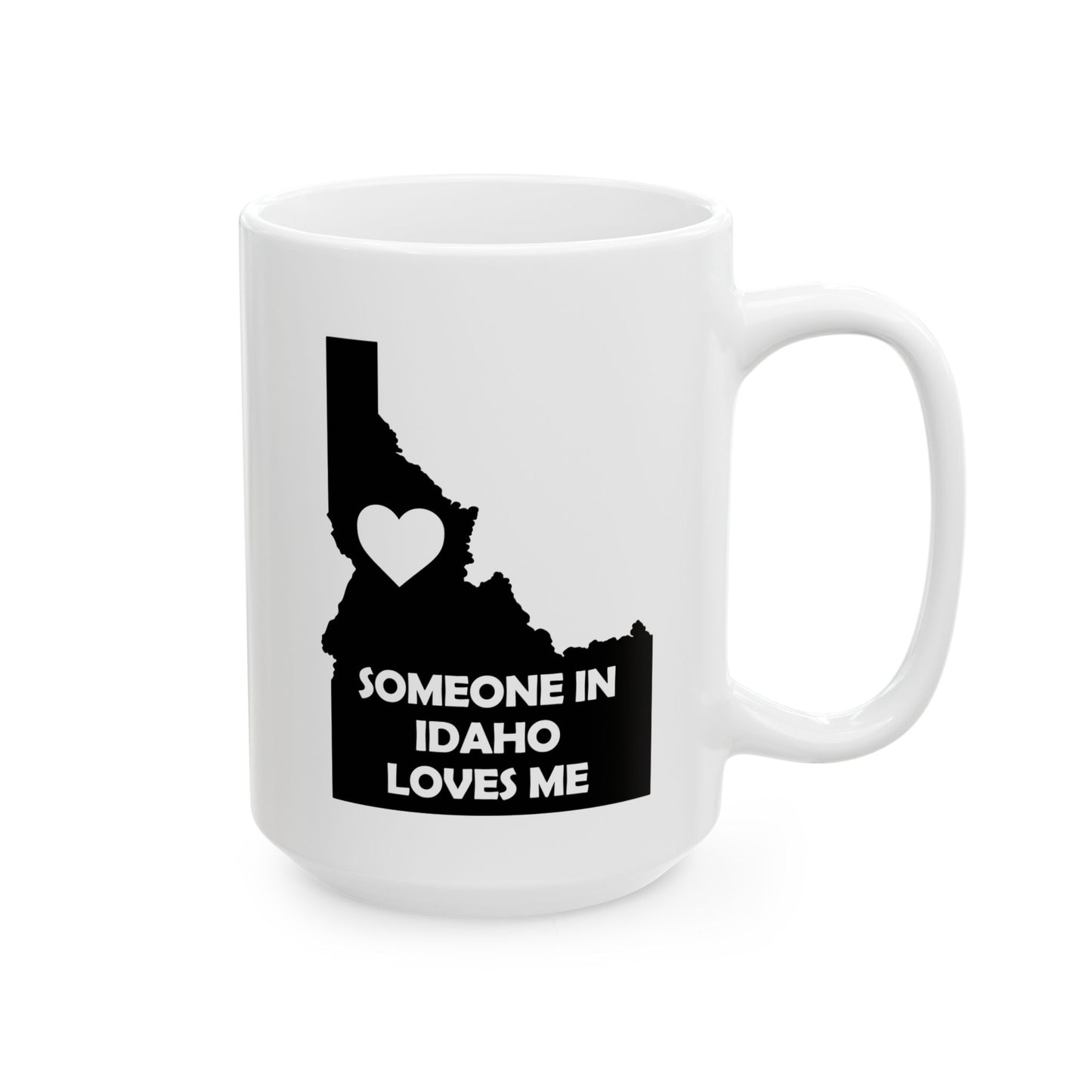 White mug with Idaho map and heart design on a white background