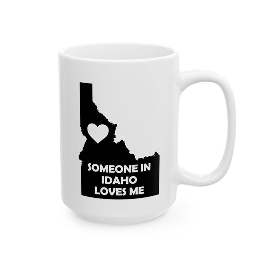 White mug with Idaho map and heart design on a white background