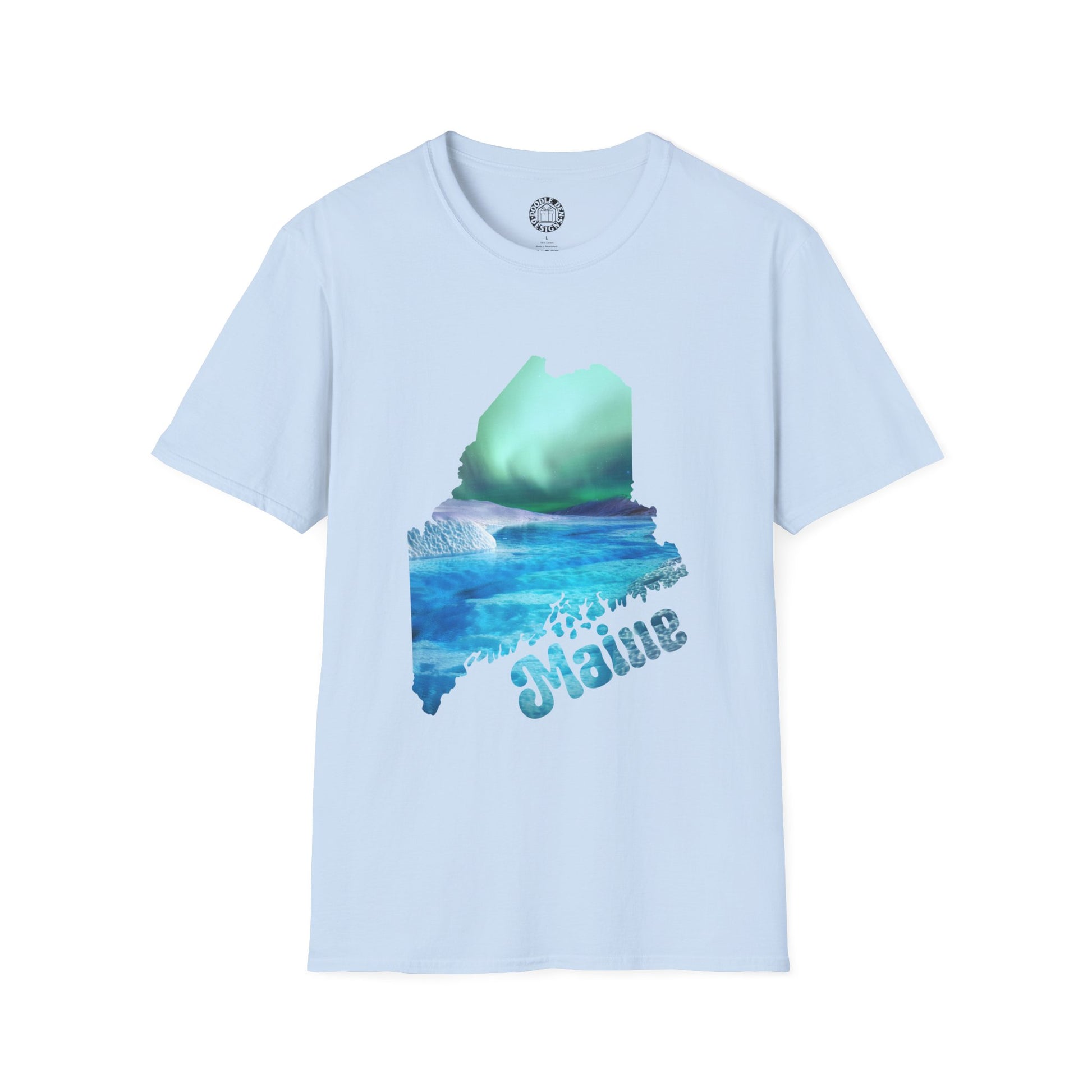 Light blue t-shirt with a graphic design of an iceberg and 'Maine' text on a white background northern lights aurora borealis