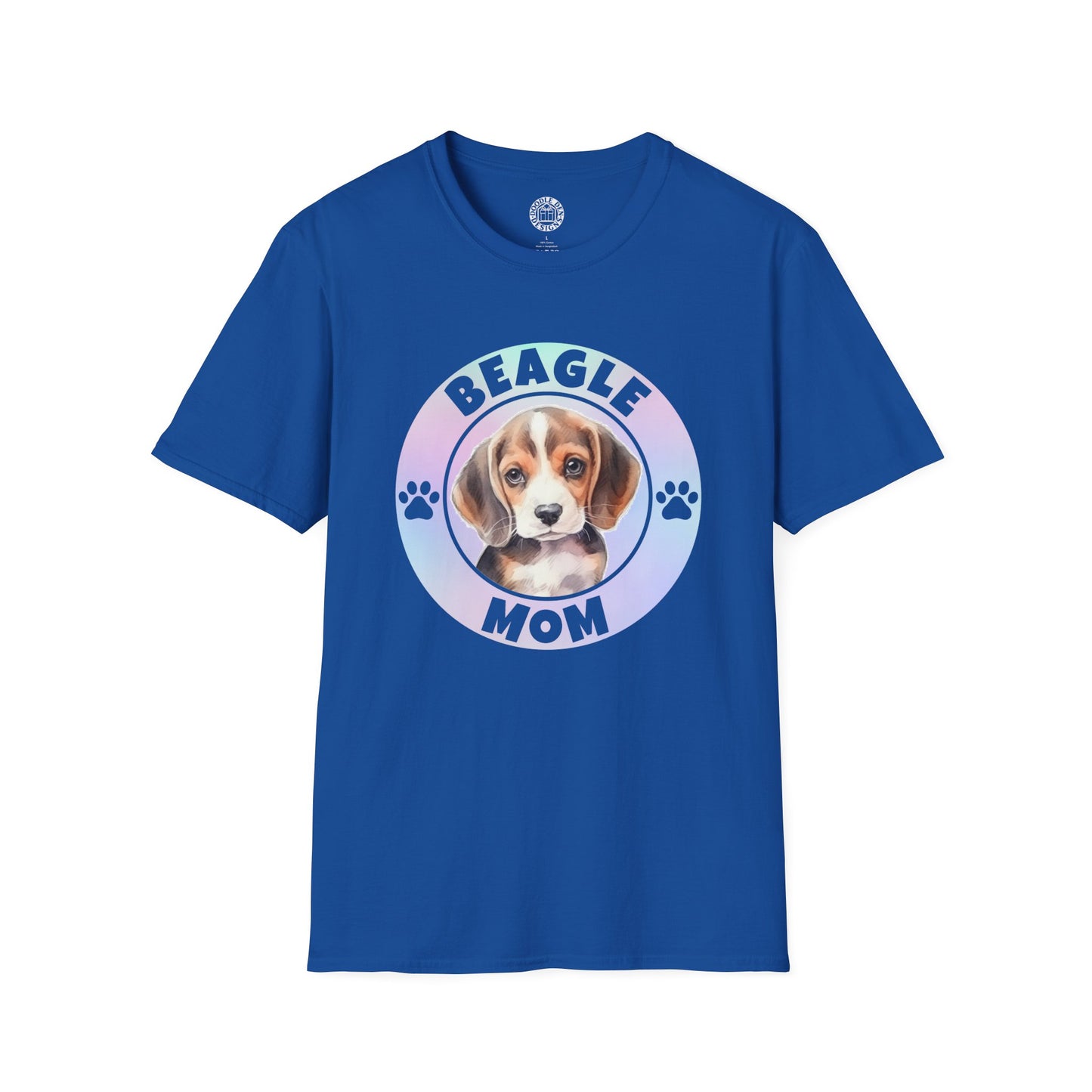 Blue t-shirt with a beagle graphic and 'Beagle Mom' text on a white background
