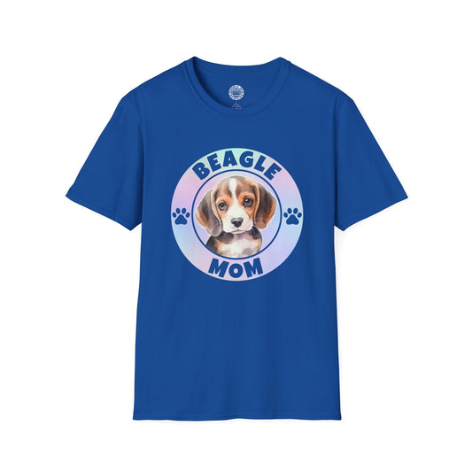 Blue t-shirt with a beagle graphic and 'Beagle Mom' text on a white background