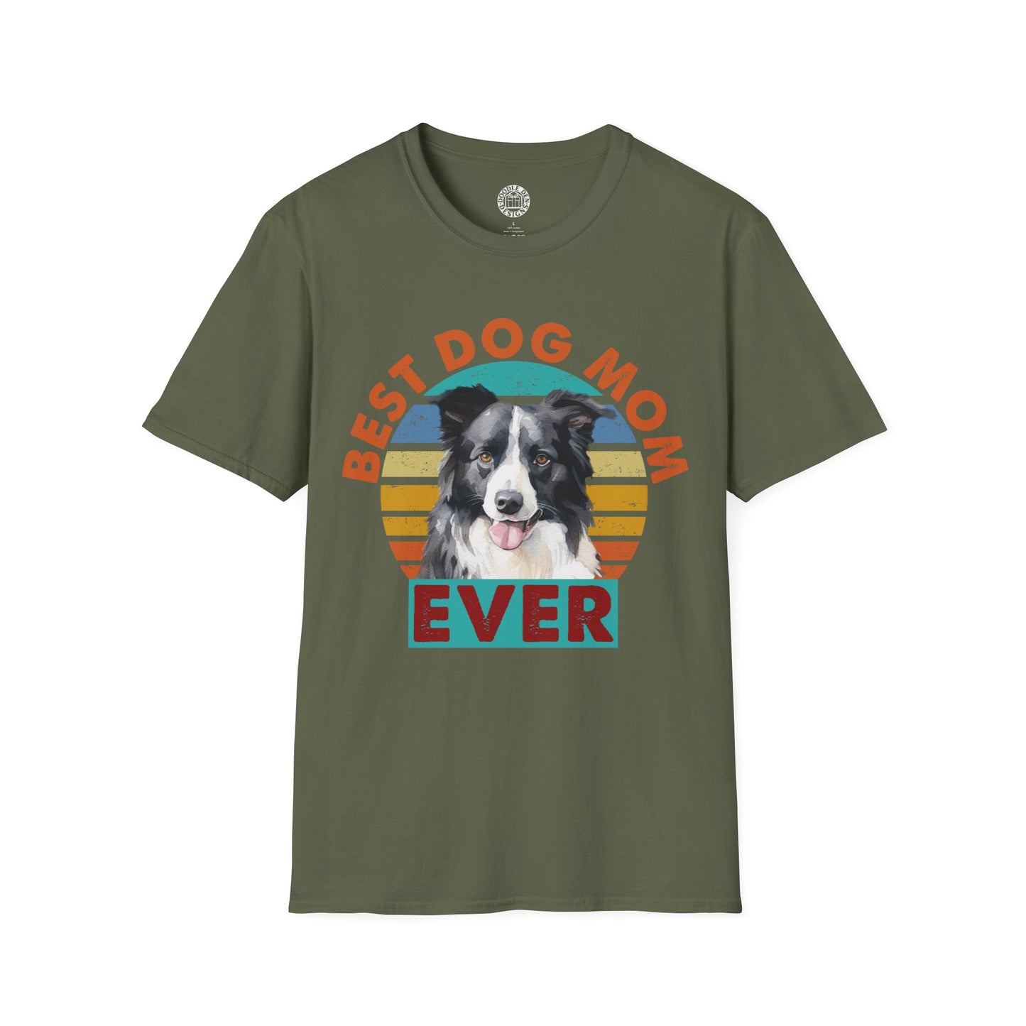 Green t-shirt with a border collie dog graphic and 'Best Dog Mom Ever' text on a white background