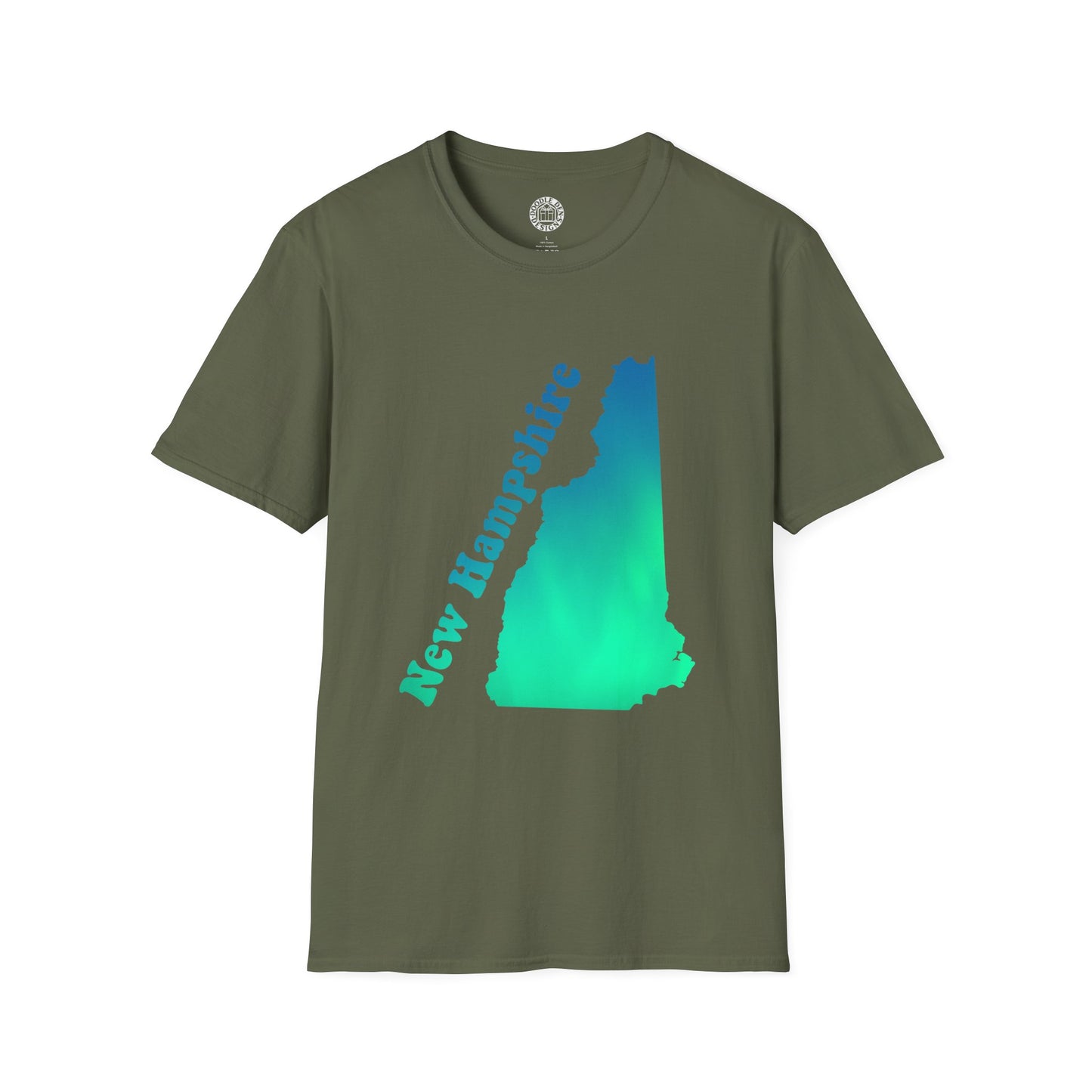 Green t-shirt with New Hampshire state outline design on a white background