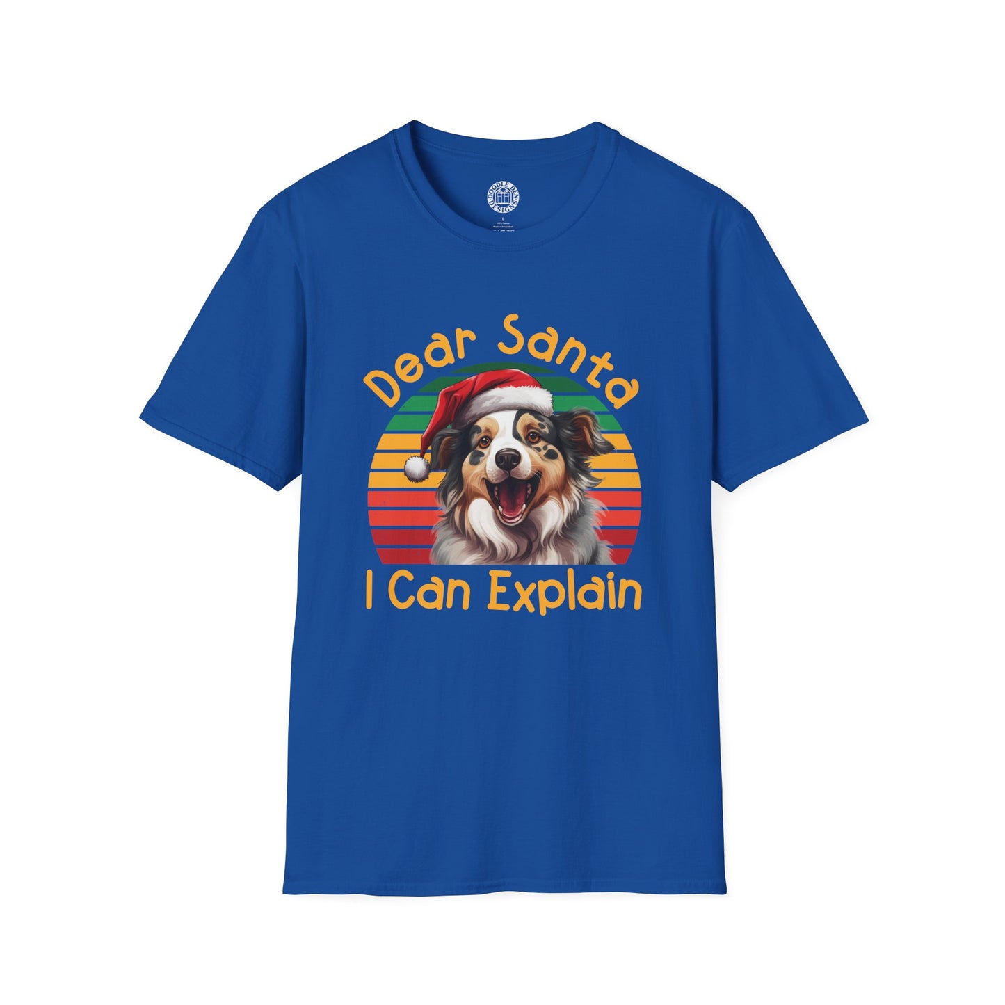 Blue t-shirt with a Australian Shepherd dog wearing a Santa hat and text 'Dear Santa I Can Explain' on a white background