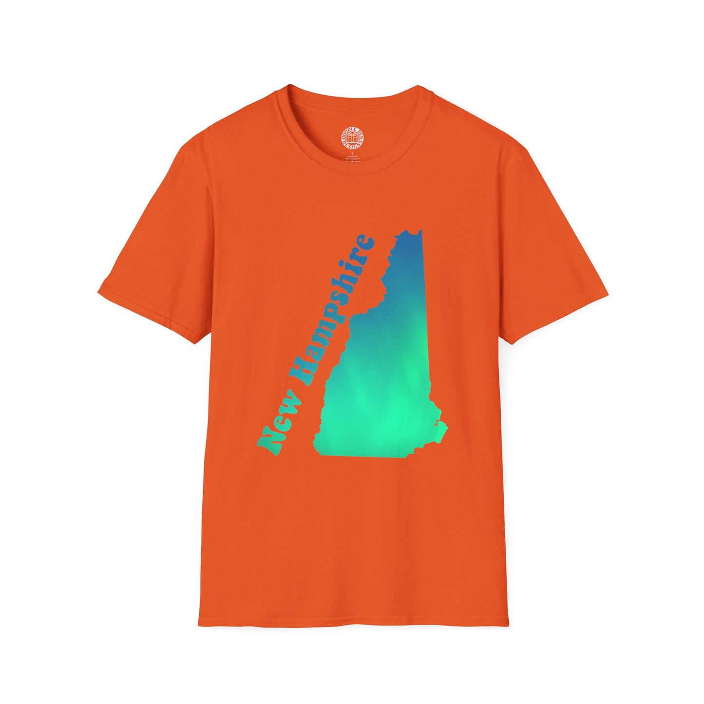 Orange t-shirt with New Hampshire state outline design on a white background