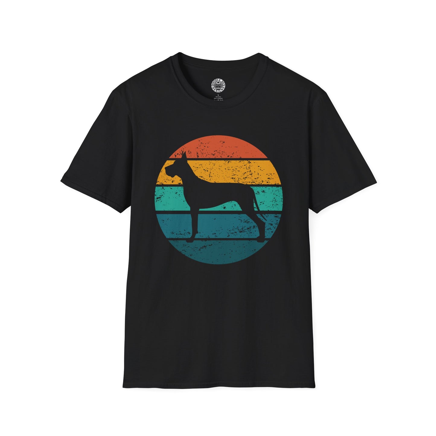Black t-shirt with a Great Dane dog silhouette and colorful sunset design on a white background