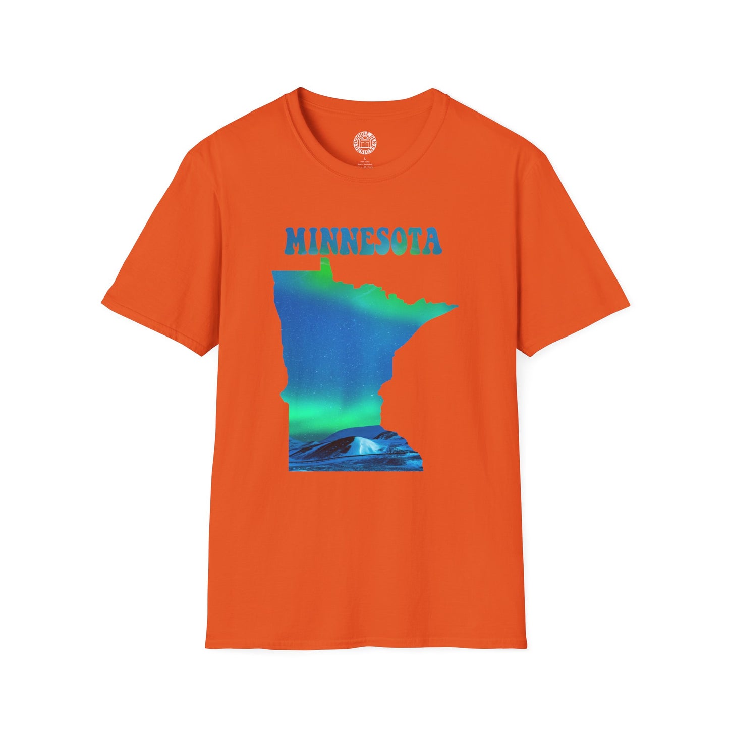 Orange t-shirt with Minnesota map graphic and 'MINNESOTA' text on a white background northern lights aurora borealis