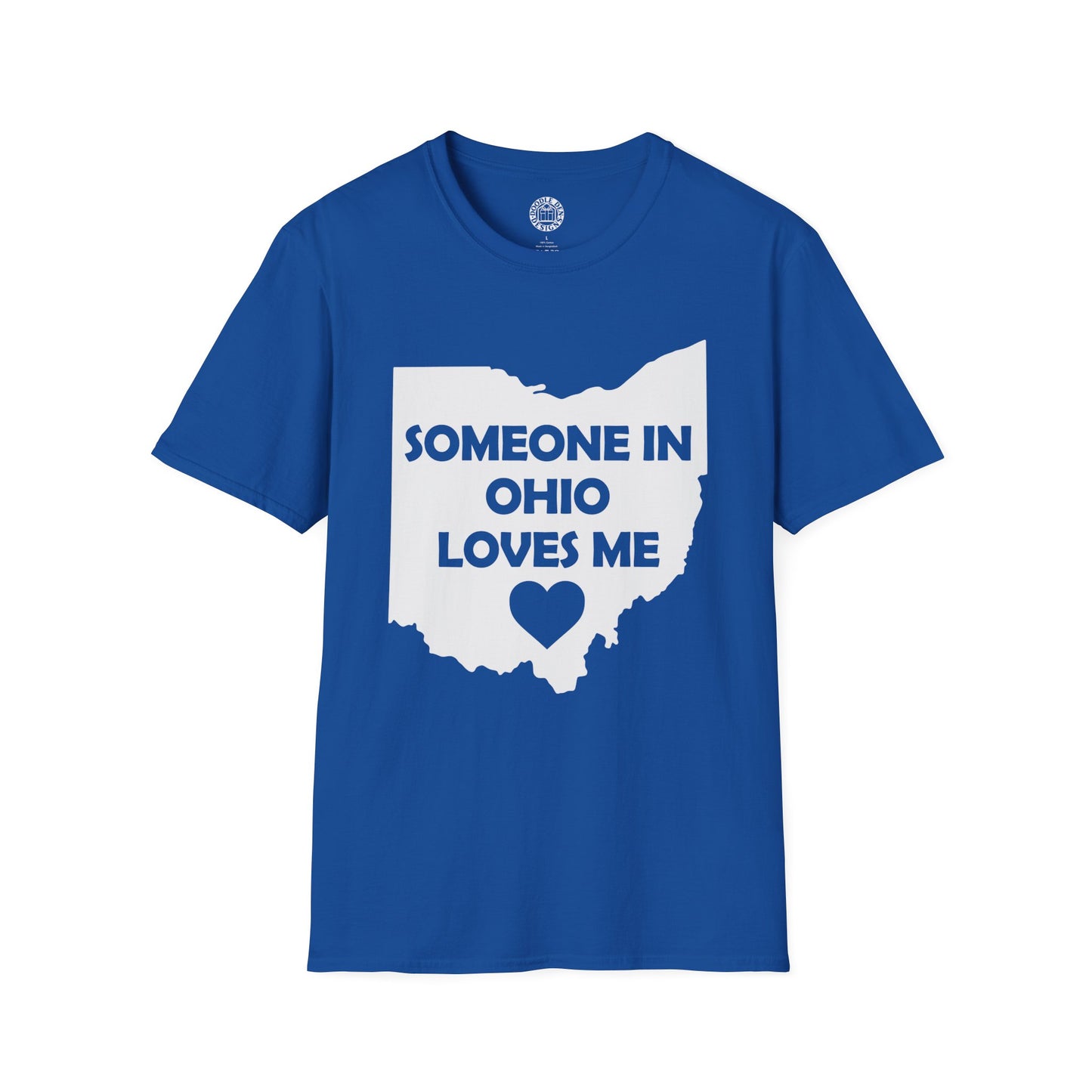 Blue t-shirt with 'Someone in Ohio Loves Me' graphic on a white background