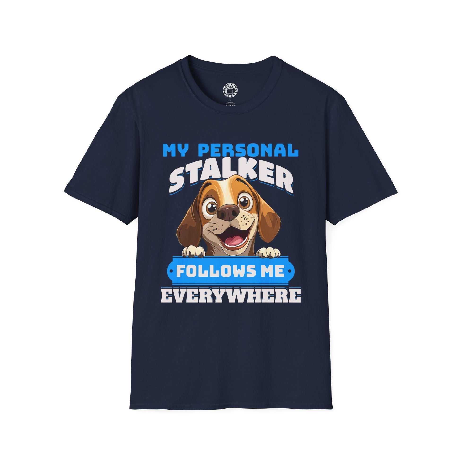 Navy blue t-shirt with a Beagle dog graphic and text on a white background