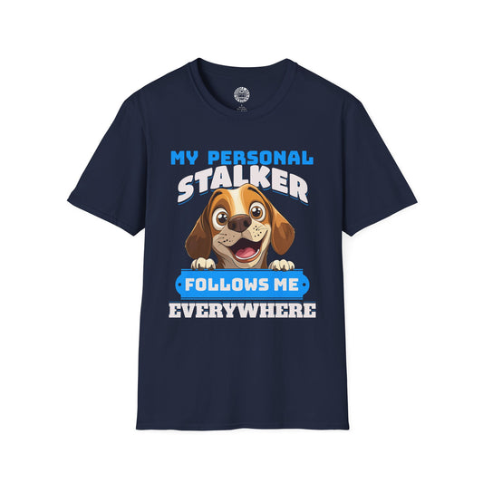 Navy blue t-shirt with a Beagle dog graphic and text on a white background