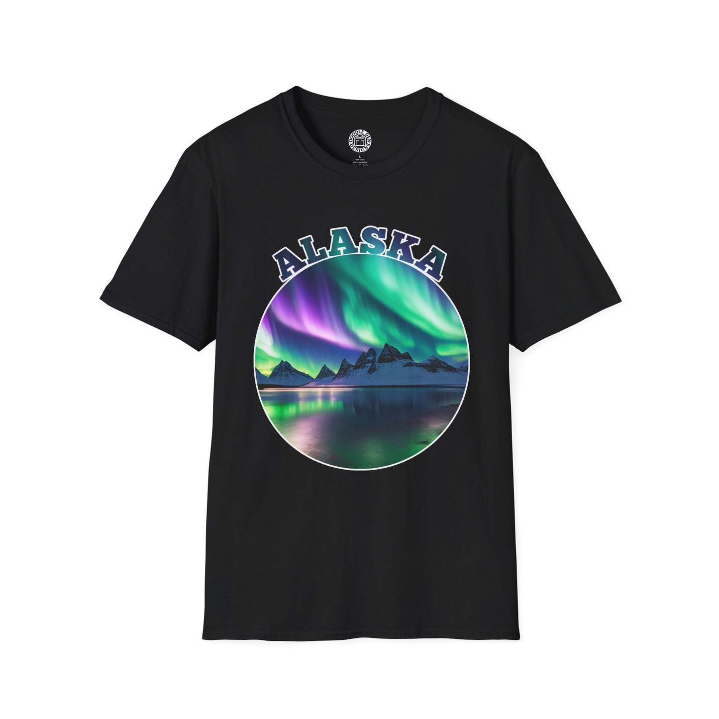 Black t-shirt with Alaska graphic design featuring Northern Lights over a lake on a white background