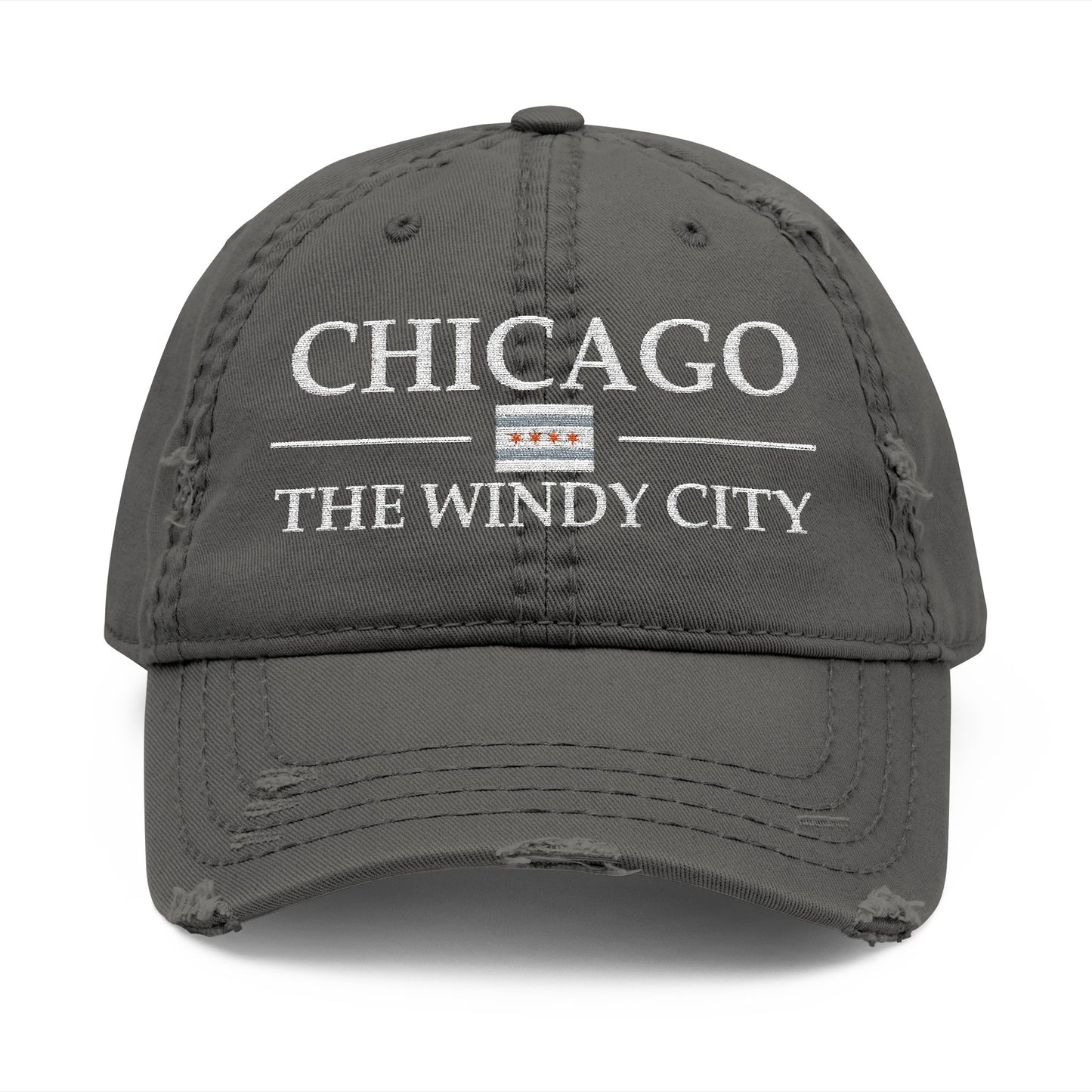 Gray cap with 'Chicago The Windy City' text and flag design  embroidered in white thread
