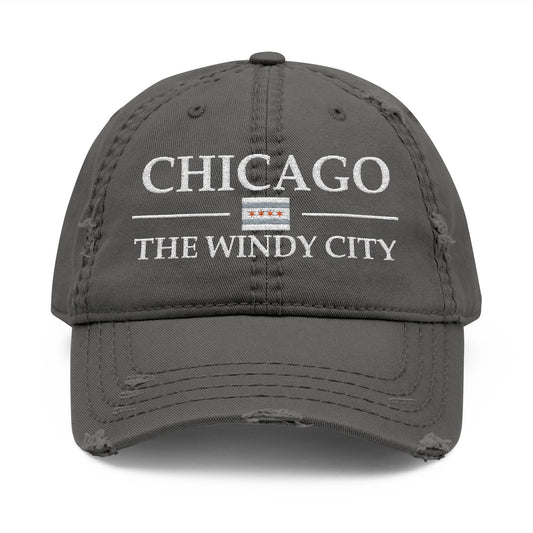 Gray cap with 'Chicago The Windy City' text and flag design  embroidered in white thread